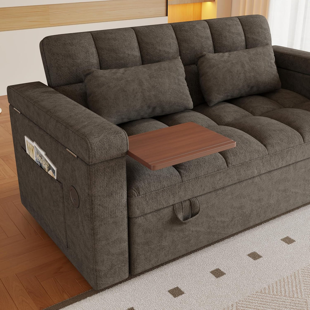 KEIKI 65' 3-in-1 Convertible Sofa Bed, Foldable Chenille Futon Couch with Adjustable Backrest, Deep Seat Sleeper Sofa Loveseat with Pillows & Armrest Storage for Living Room, Apartment, Small Space