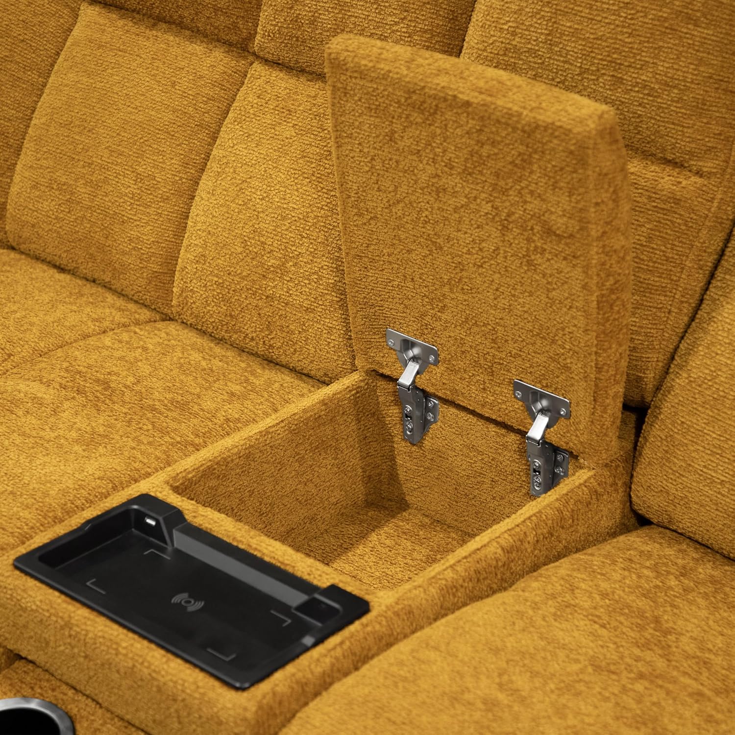 Furniture of America Tavie Modern Reclining Sofa with Storage Console and Cup Holders, Sectional Recliner, L Shaped Couch for Living Room, Home Theater, Playroom, Butterscotch