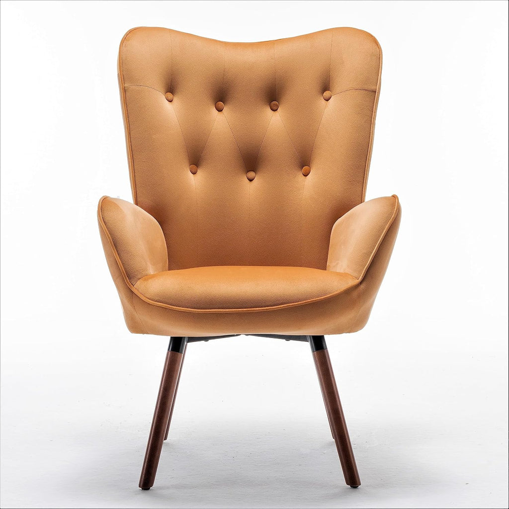 Container Furniture Direct Chic Accent Arm Chairs for Living Room, Bedroom, or Home Office, Button-Tufted Midcentury Armchair with Wingback Design and Splayed Legs, Mustard Yellow