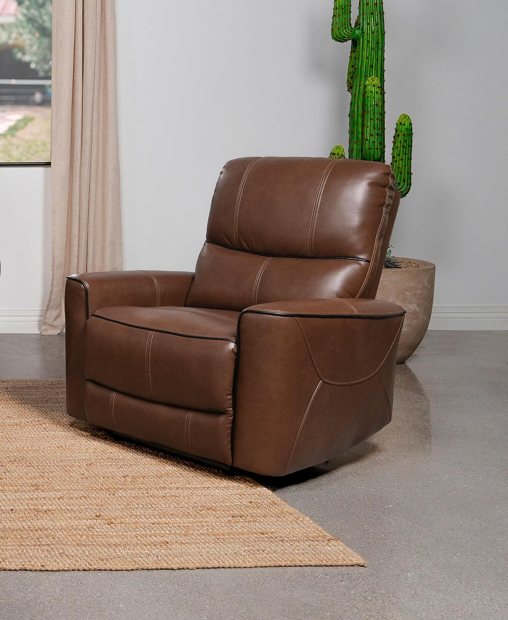 Coaster Home Furnishings - Greenfield - Faux Leather Upholstered Power Recliner Chair with Power Reclining, USB Port, and Channel Tufting - Living Room - Saddle Brown - 610266P