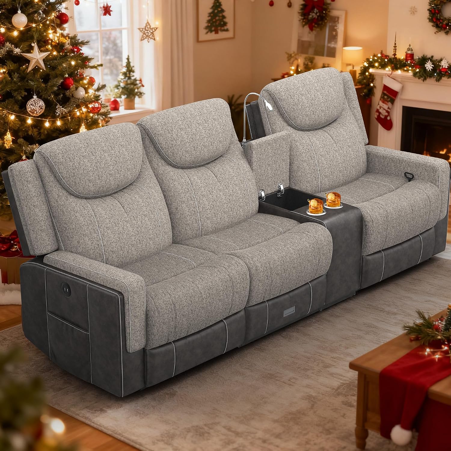 Dresegmt Recliner Sofa, 2 - Way Multi - Function Manual 3 Seater Couch with Cup Holders, Storage & USB Ports, Modern Multifunctional Sofa, Grey Linen & Leather Reclining Couch for Living Room