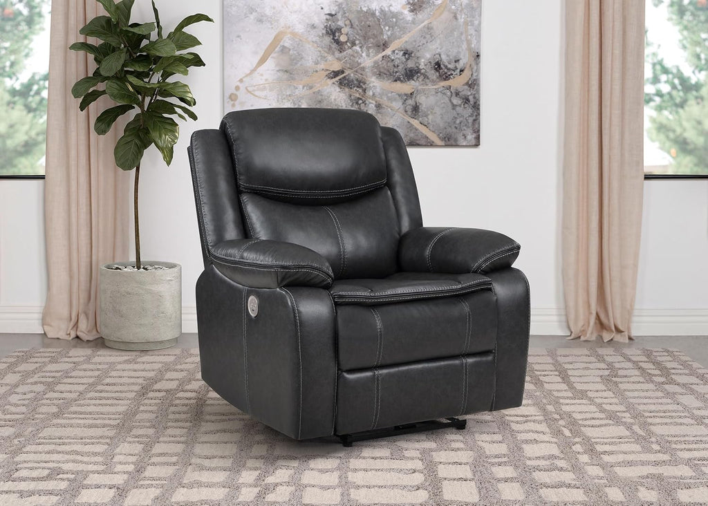 Coaster Home Furnishings - Sycamore - Faux Leather Upholstered Power Recliner Chair with Built-in USB Port, Contour Tufting and Control Panel - Living Room - Dark Gray - 610233P
