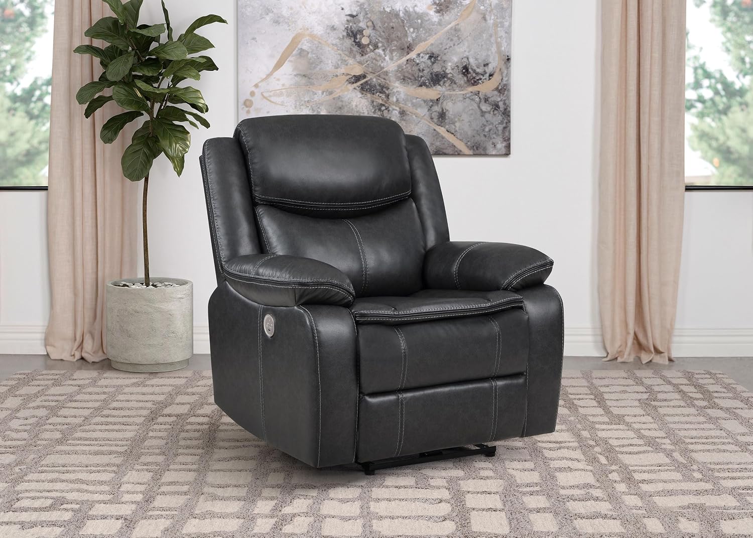 Coaster Home Furnishings - Sycamore - Faux Leather Upholstered Power Recliner Chair with Built-in USB Port, Contour Tufting and Control Panel - Living Room - Dark Gray - 610233P