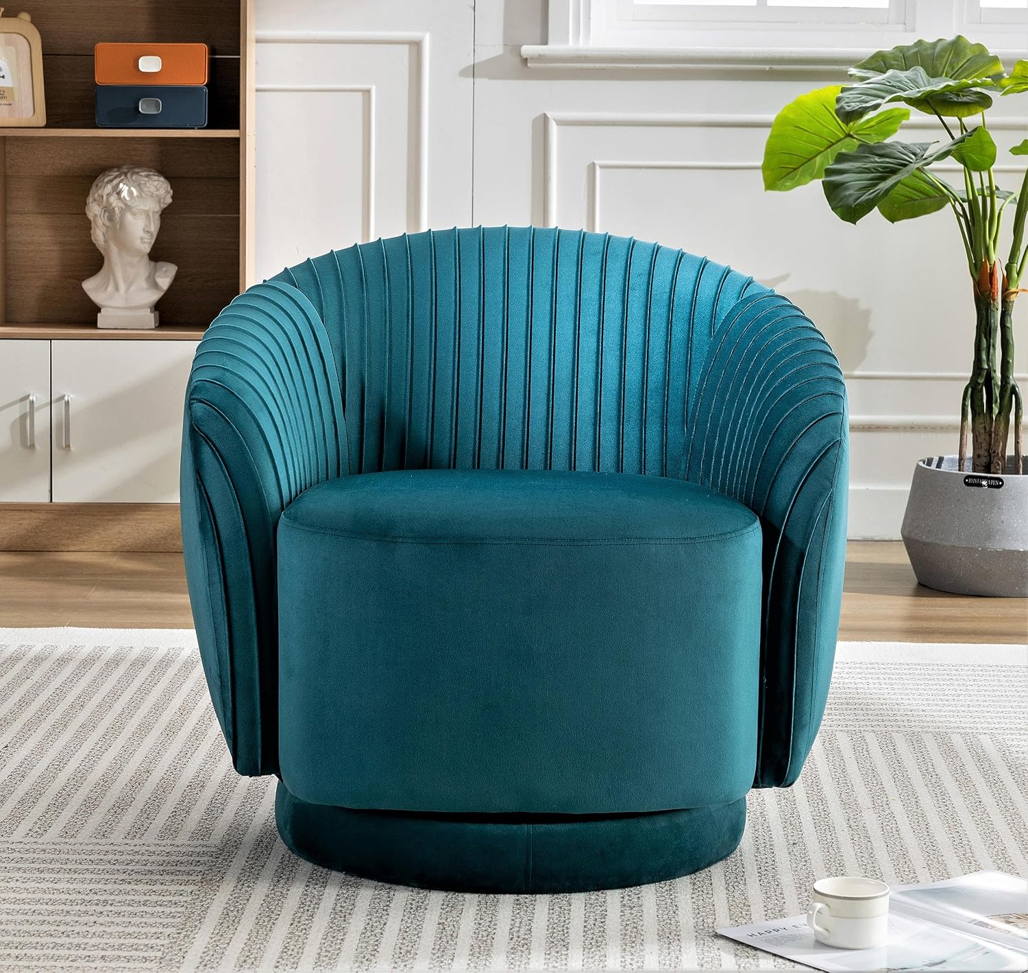 Container Furniture Direct Modern Barrel Swivel Chair with Plush Velvet Upholstery and Smooth 360° Rotation, Round Accent One-Seater Sofa for Living Room, Bedroom, and Office, Greenish Blue