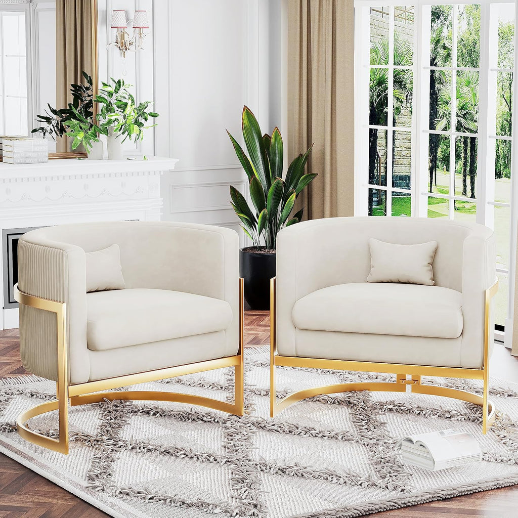 Velvet Accent Chair Modern Barrel Chair with Gold Legs Upholstered Armchair for Bedroom Living Room Sofa Chair Club Side Chairs Ivory