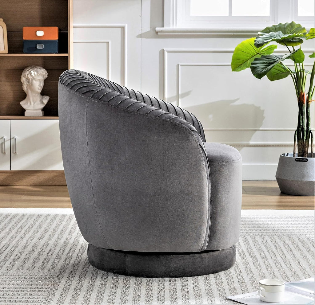 Container Furniture Direct Modern Barrel Swivel Chair with Plush Velvet Upholstery and Smooth 360° Rotation, Round Accent One-Seater Sofa for Living Room, Bedroom, and Office, Grey