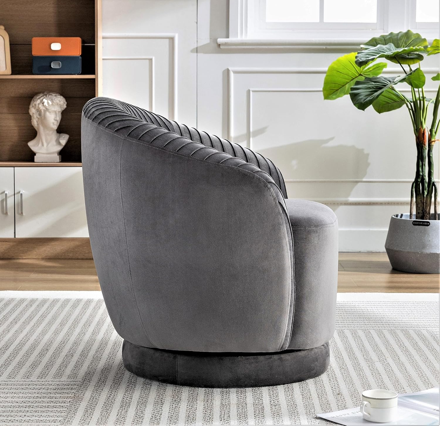 Container Furniture Direct Modern Barrel Swivel Chair with Plush Velvet Upholstery and Smooth 360° Rotation, Round Accent One-Seater Sofa for Living Room, Bedroom, and Office, Grey