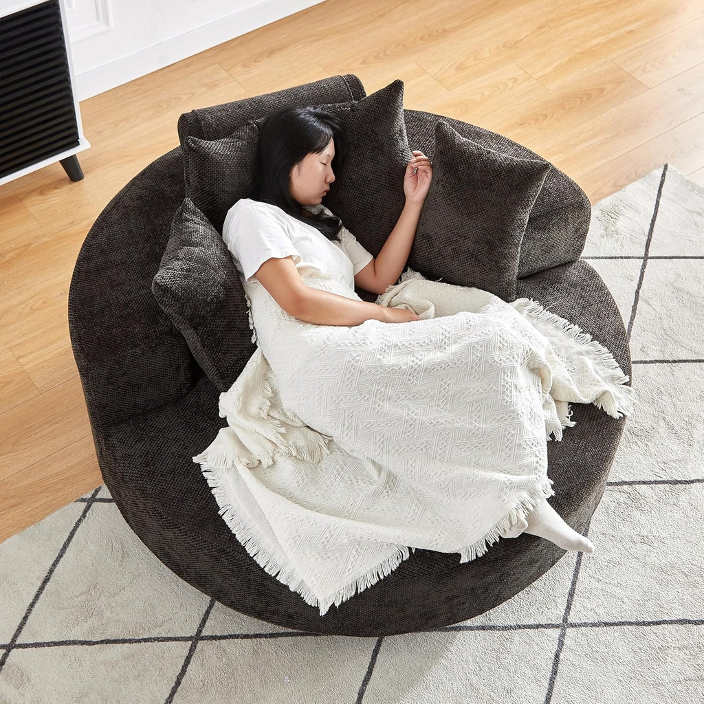 KEIKI 55' Oversized Swivel Accent Chair, Chenille Large Barrel Chairs, Upholstered Round Swivel Chair Single Sofa Armchair, Sleeper Chair for Living Room, Lounge, Black