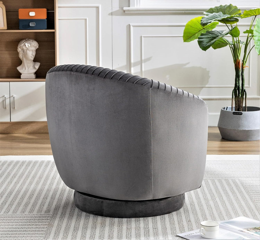 Container Furniture Direct Modern Barrel Swivel Chair with Plush Velvet Upholstery and Smooth 360° Rotation, Round Accent One-Seater Sofa for Living Room, Bedroom, and Office, Grey