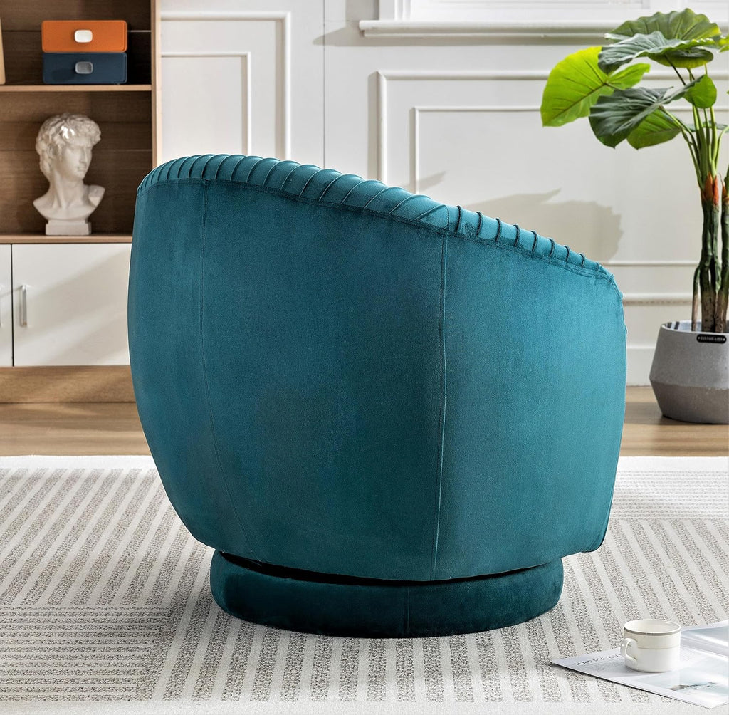 Container Furniture Direct Modern Barrel Swivel Chair with Plush Velvet Upholstery and Smooth 360° Rotation, Round Accent One-Seater Sofa for Living Room, Bedroom, and Office, Greenish Blue