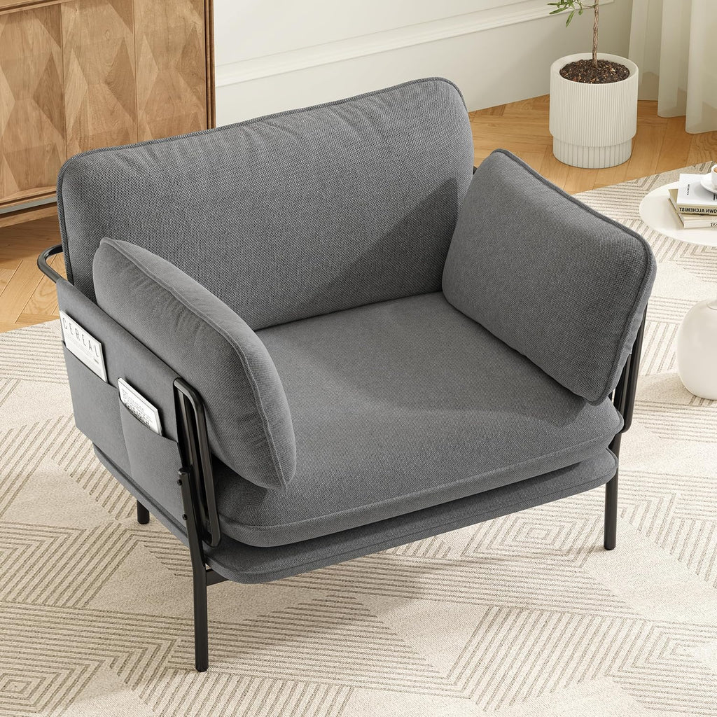Modern Accent Chairs Set of 2, Oversized Living Room Chairs, Reading Chair with Solid Metal Legs, Fabric Armchair with Side Pockets and 2 Pillows, Accent Chairs for Bedroom, Nursery, Blue Gray
