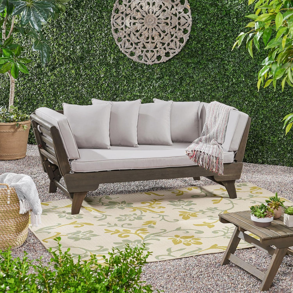 Christopher Knight Home Gary Patio Convertible Couch, Wooden Outdoor Daybed, 3-Seater Acacia Wood Patio Furniture Lounge Sofa for Backyard/Poolside/Garden, Back Pillow+Removable Cushion, Grey