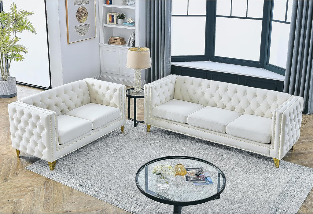 KEIKI Tufted Velvet 3+2 Seat Sofa Couch for Living Room, Buttons Tufted Square Arm Couch for Home Apartment, Beige
