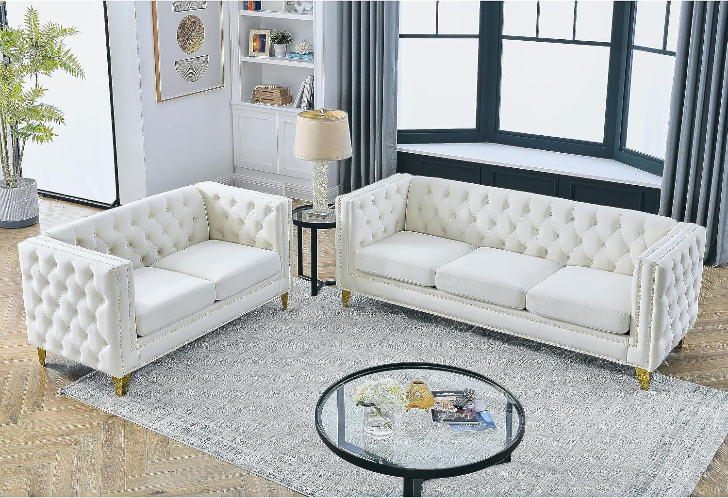 KEIKI Tufted Velvet 3+2 Seat Sofa Couch for Living Room, Buttons Tufted Square Arm Couch for Home Apartment, Beige