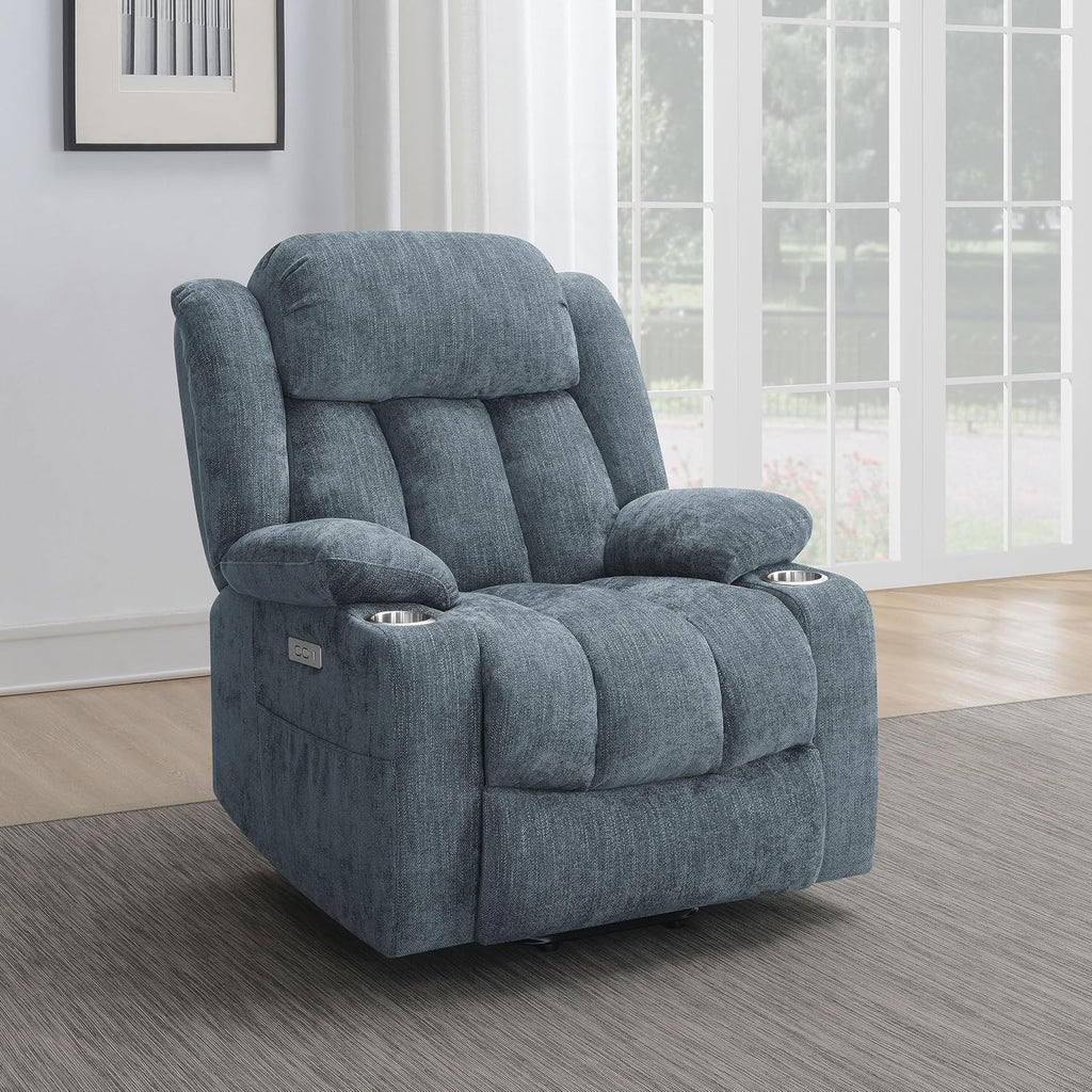 Coaster Home Furnishings - Houston - Fabric - Power Lift Recliner with Pillowtop Arms, Built-in USB Port, Power Panel and Two Cup Holders - Living Room - Slate Blue - 602294P