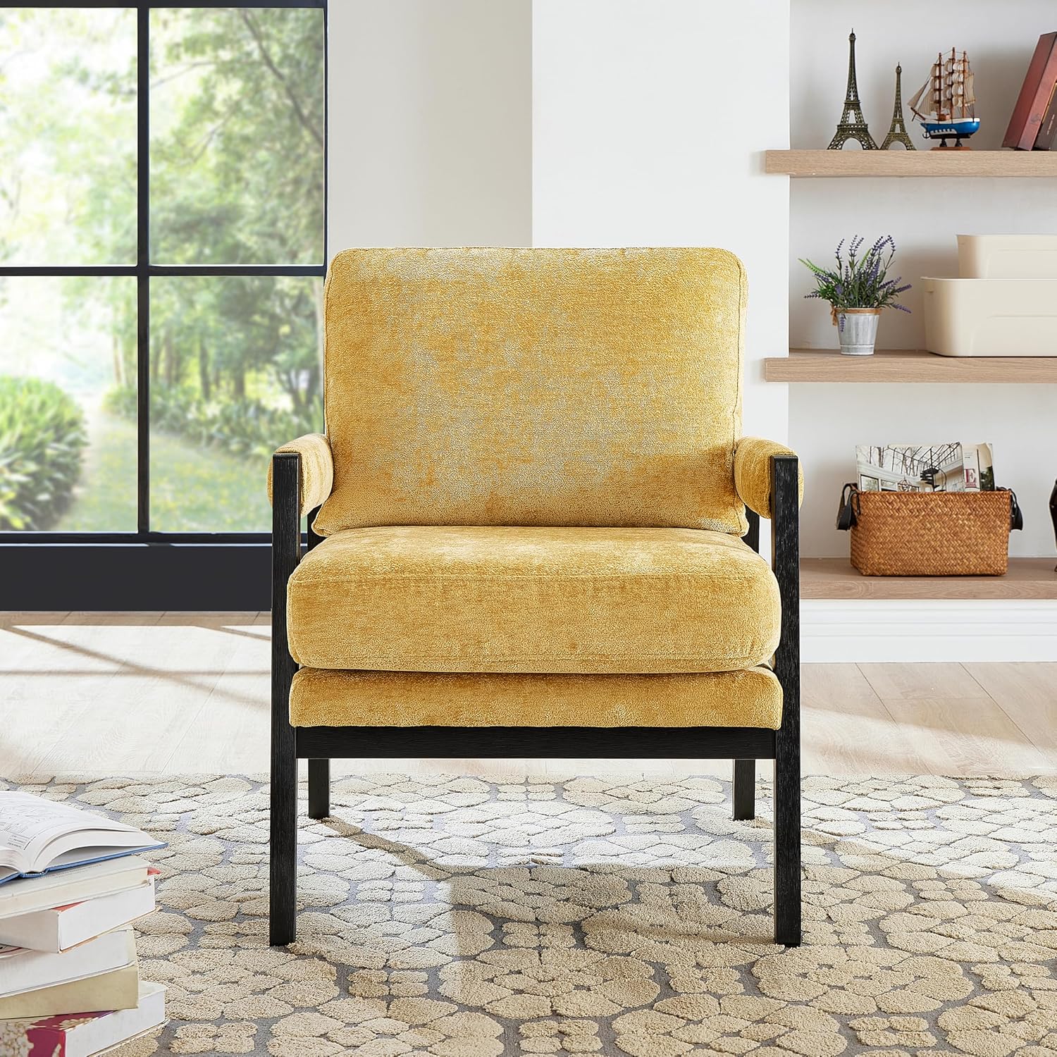 Roundhill Furniture Kelly Mid-Century Modern Chenille Upholstered Accent Armchair, Yellow