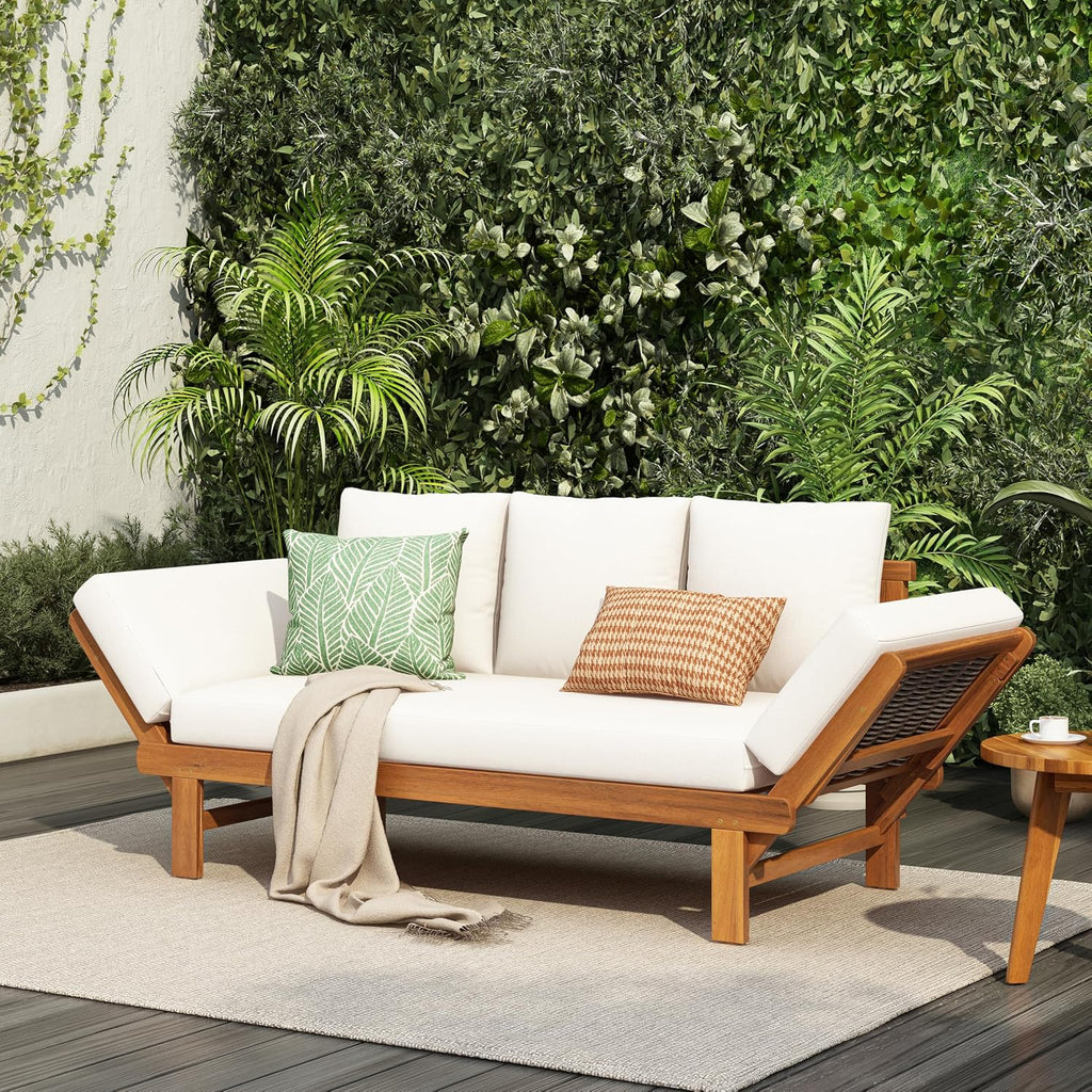 Christopher Knight Home Guru Patio Convertible Couch with Adjustable Armrest, Acacia Wood Outdoor Daybed, PE Wicker Patio 3 Seater Sofa, Back Pillow+Removable Cushion, Teak+Cream