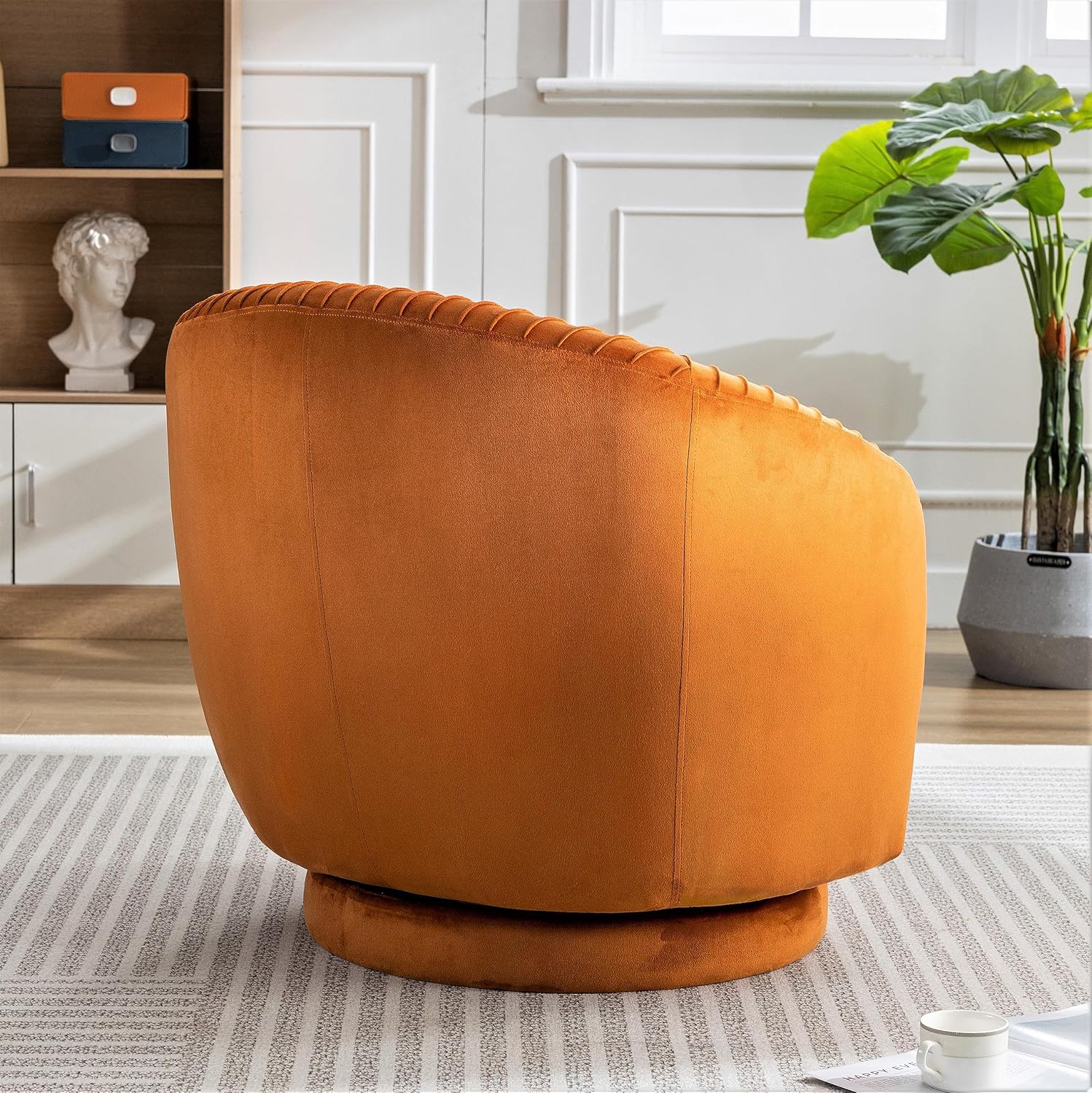 Container Furniture Direct Modern Barrel Swivel Chair with Plush Velvet Upholstery and Smooth 360° Rotation, Round Accent One-Seater Sofa for Living Room, Bedroom, and Office, Red Orange