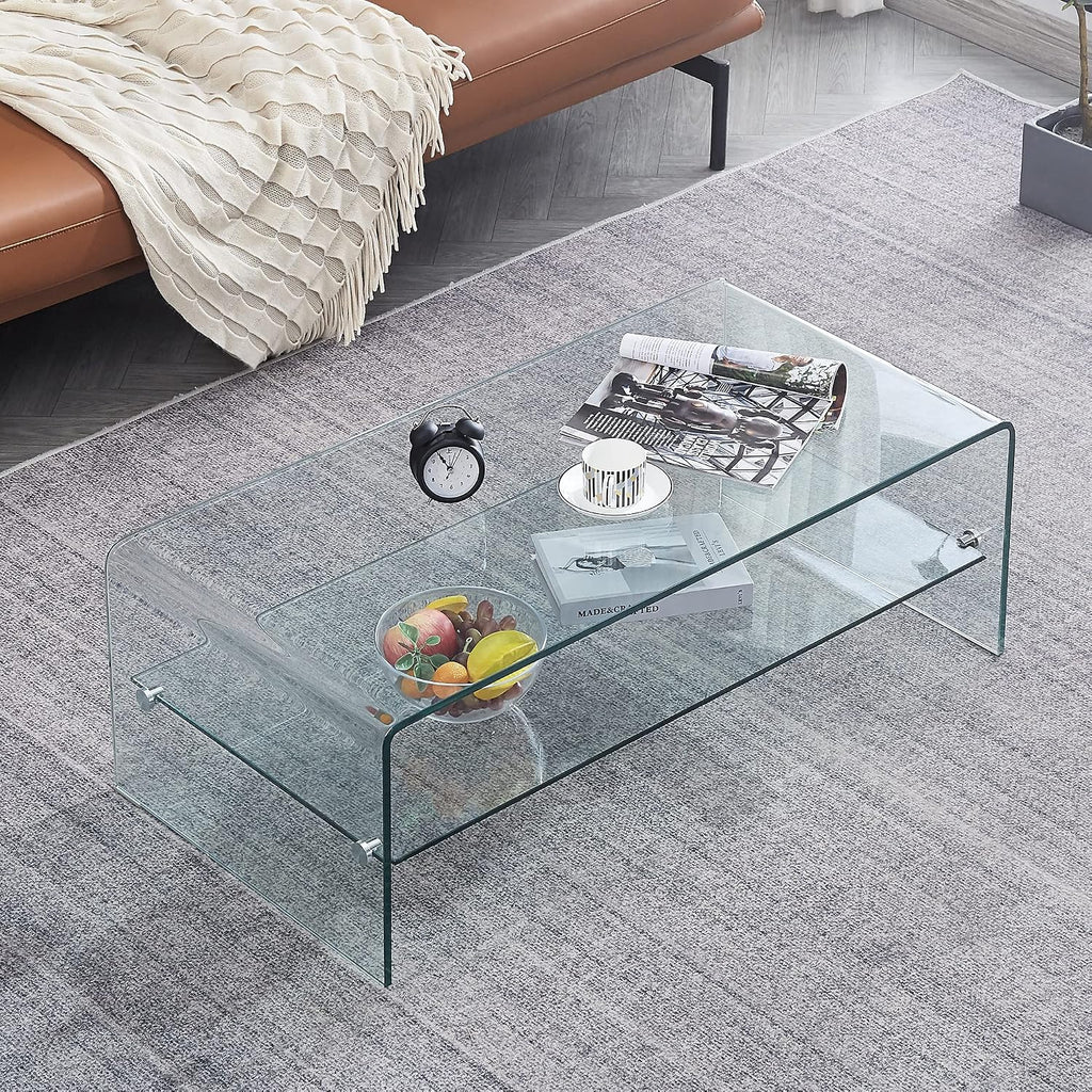 Glass Coffee Table with Shelf Modern Coffee Table for Living Room S39x20x14