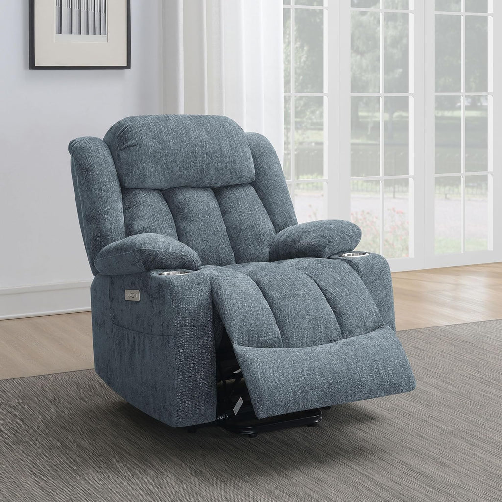Coaster Home Furnishings - Houston - Fabric - Power Lift Recliner with Pillowtop Arms, Built-in USB Port, Power Panel and Two Cup Holders - Living Room - Slate Blue - 602294P