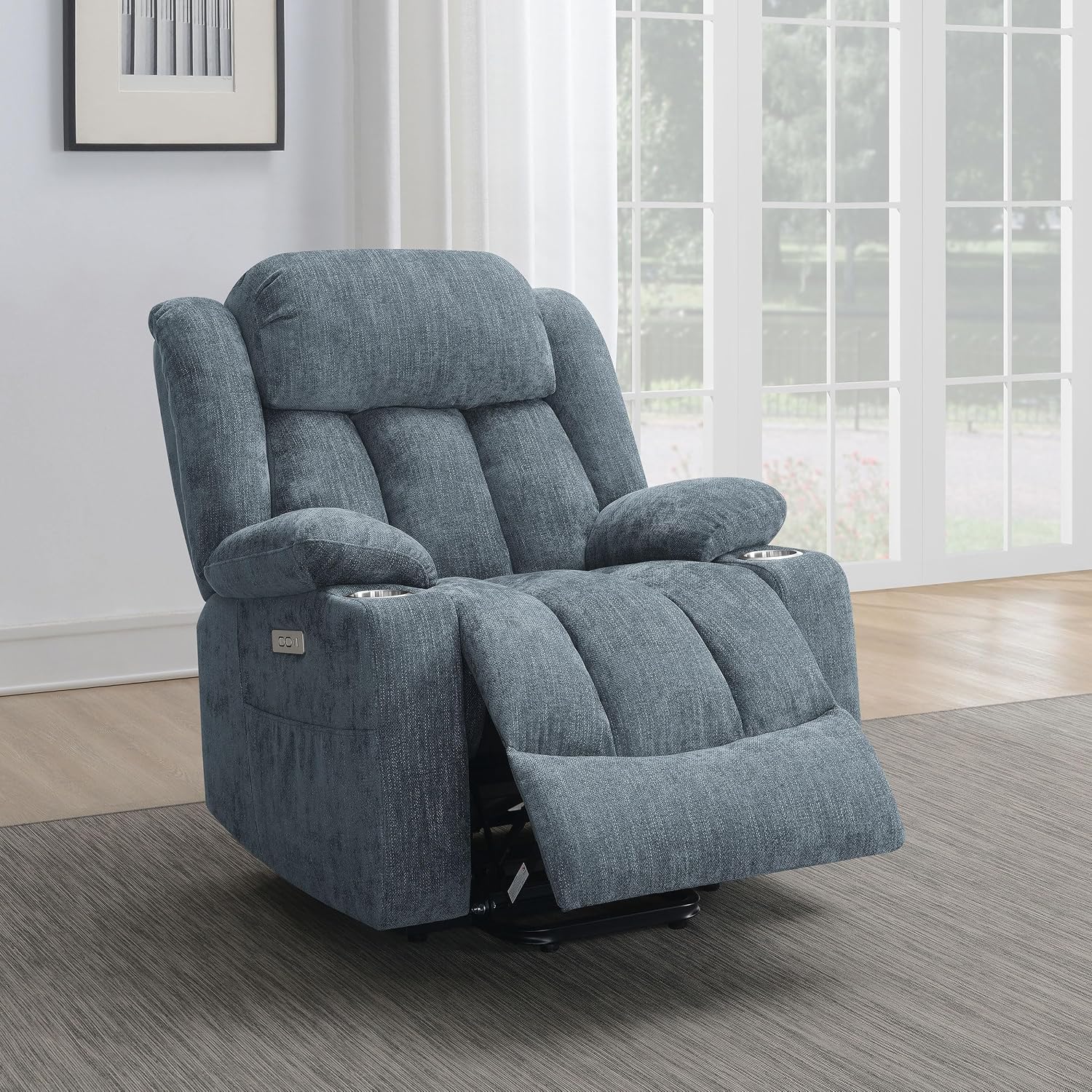 Coaster Home Furnishings - Houston - Fabric - Power Lift Recliner with Pillowtop Arms, Built-in USB Port, Power Panel and Two Cup Holders - Living Room - Slate Blue - 602294P