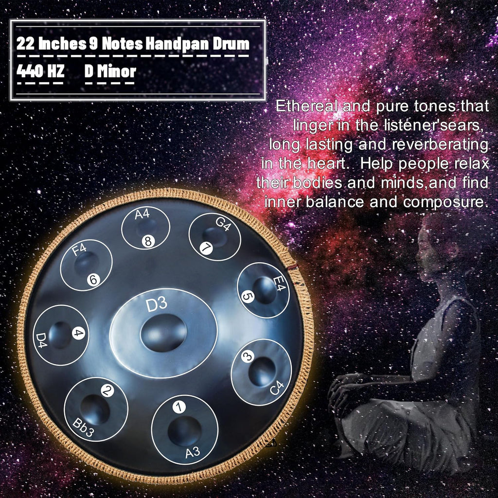 Handpan 22 inch D Minor Kurd Handpan 9 Notes Handpan Drum Instrument for Professional Performance, 440HZ Sound Handpan Drums for Adults