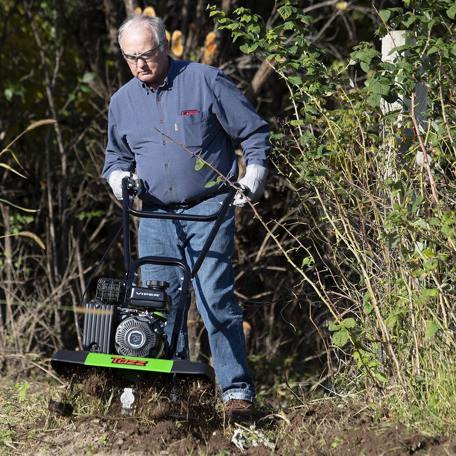 TAZZ 35310 2-in-1 Front Tine Tiller/Cultivator, 79cc 4-Cycle Viper Engine, Gear Drive Transmission, Forged Steel Tines,Green