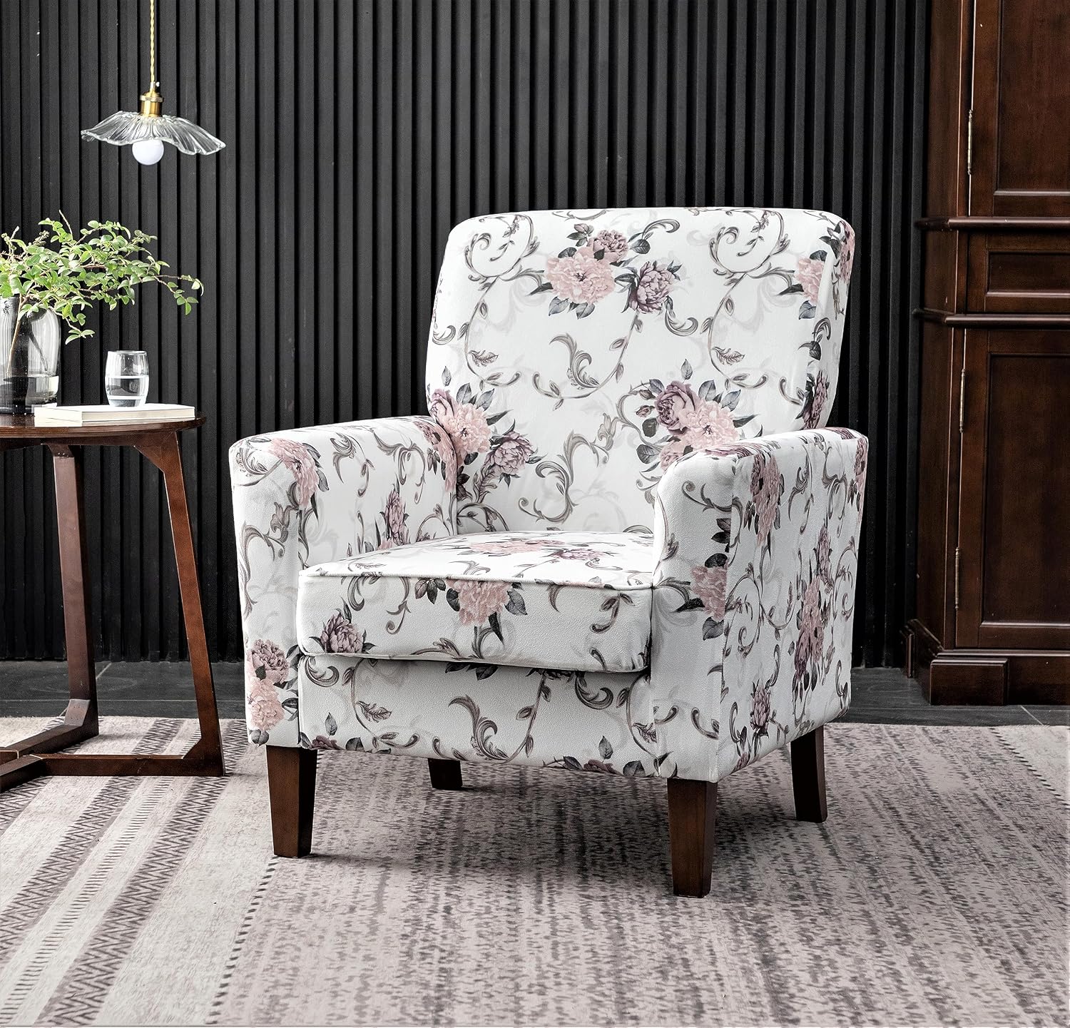 Container Furniture Direct Contemporary Accent Arm Chair with Birch Wood Frame and Velvet Upholstery, Armchair for Office and Living Room Decor, Removable Cushions, 06 Printed Fabric