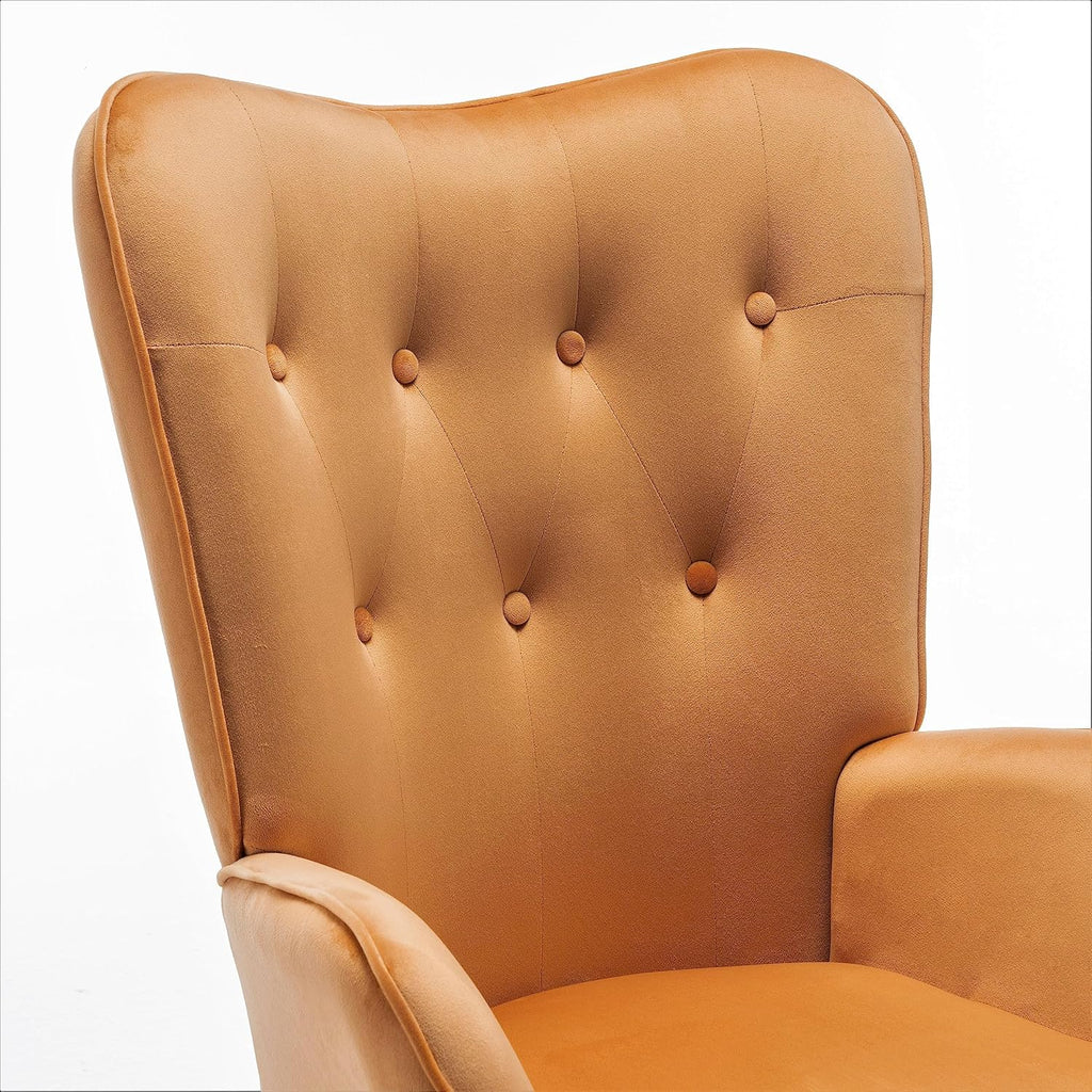 Container Furniture Direct Chic Accent Arm Chairs for Living Room, Bedroom, or Home Office, Button-Tufted Midcentury Armchair with Wingback Design and Splayed Legs, Mustard Yellow