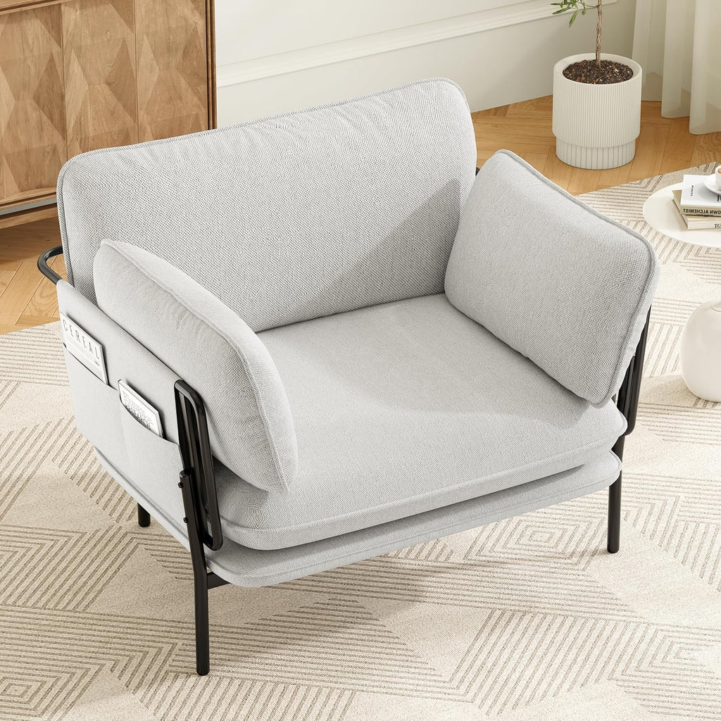 Modern Accent Chairs Set of 2, Oversized Living Room Chairs, Reading Chair with Solid Metal Legs, Fabric Armchair with Side Pockets and 2 Pillows, Accent Chairs for Bedroom, Nursery, White