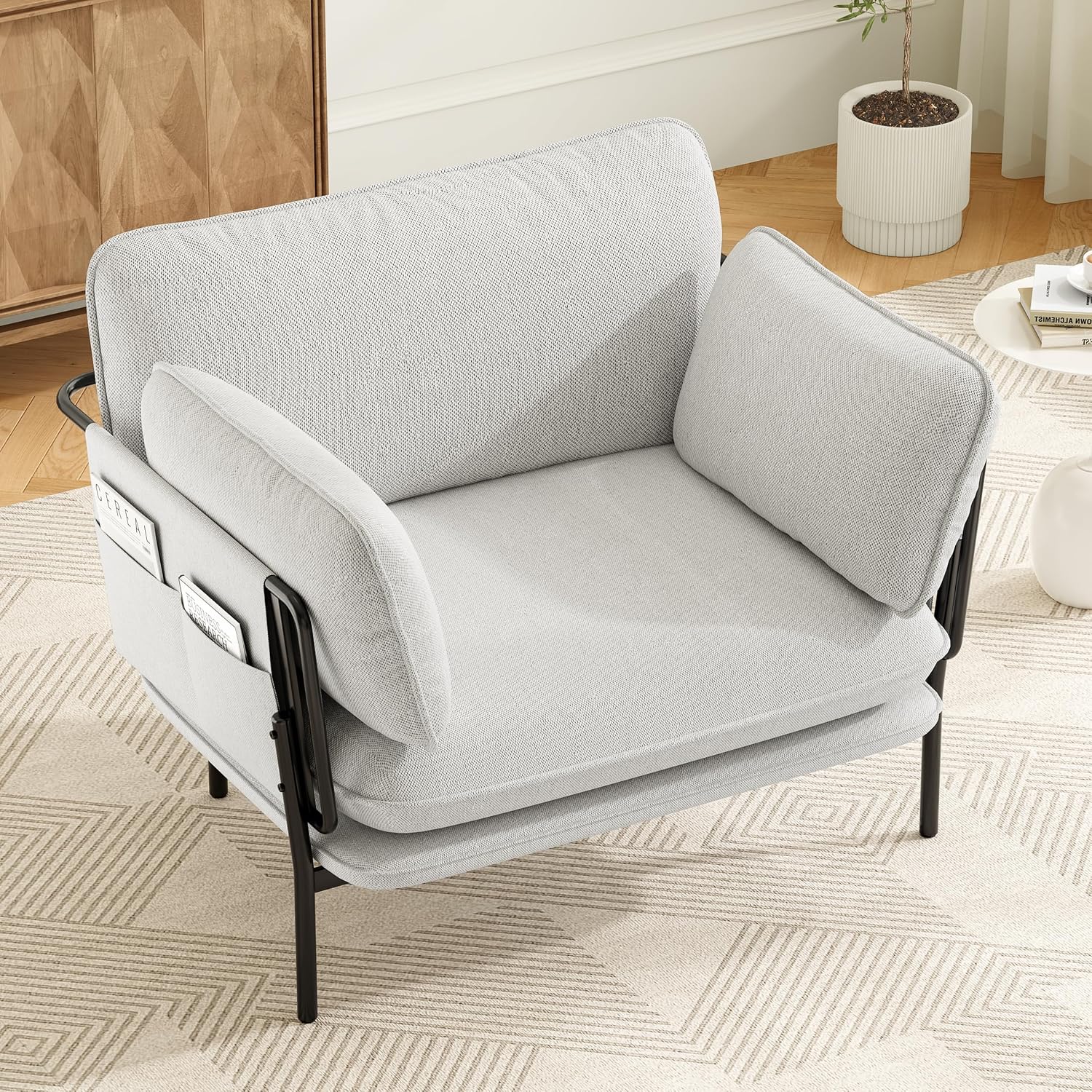 Modern Accent Chairs Set of 2, Oversized Living Room Chairs, Reading Chair with Solid Metal Legs, Fabric Armchair with Side Pockets and 2 Pillows, Accent Chairs for Bedroom, Nursery, White