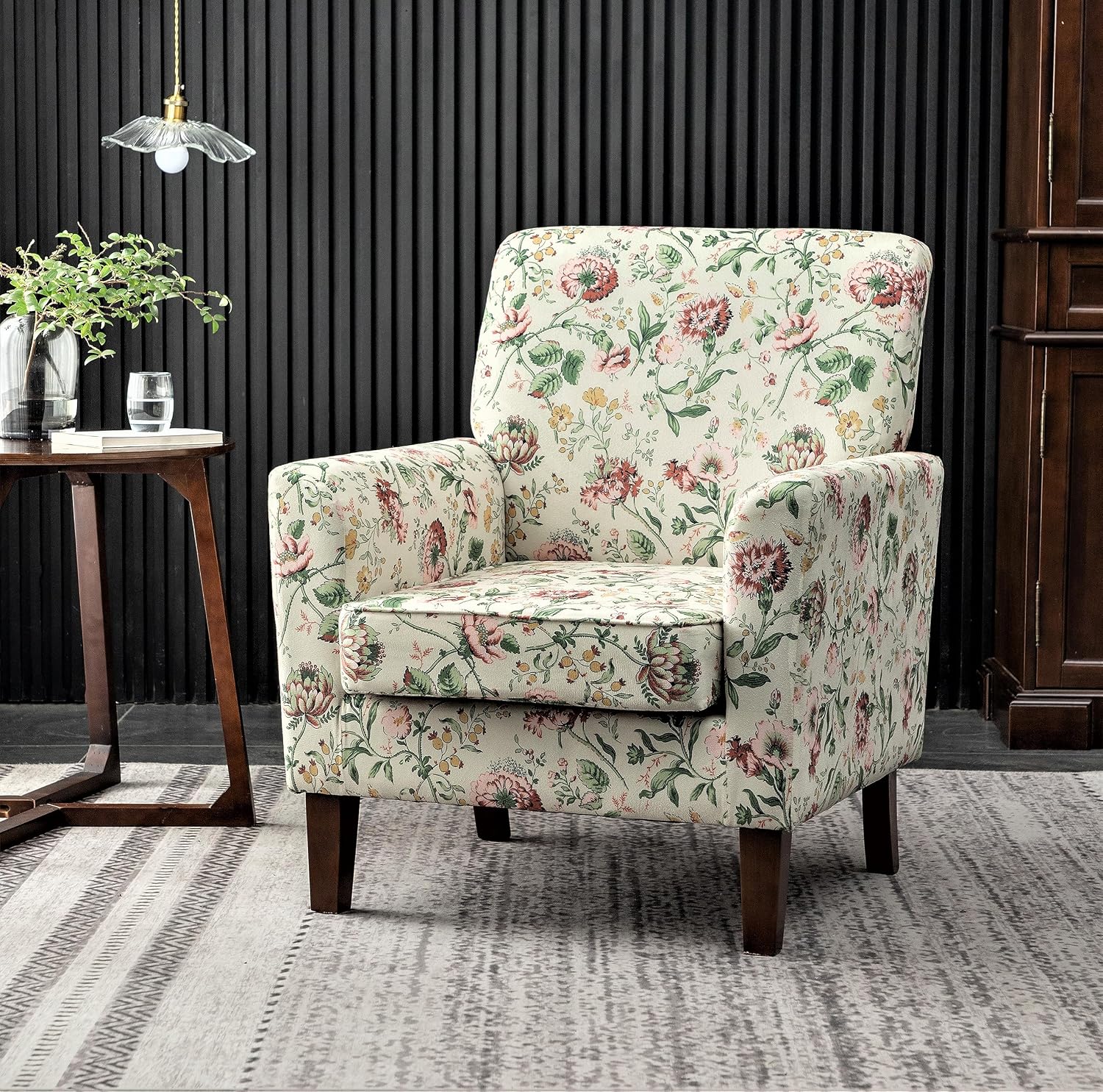 Container Furniture Direct Contemporary Accent Arm Chair with Birch Wood Frame and Velvet Upholstery, Armchair for Office and Living Room Decor, Removable Cushions, 04 Printed Fabric