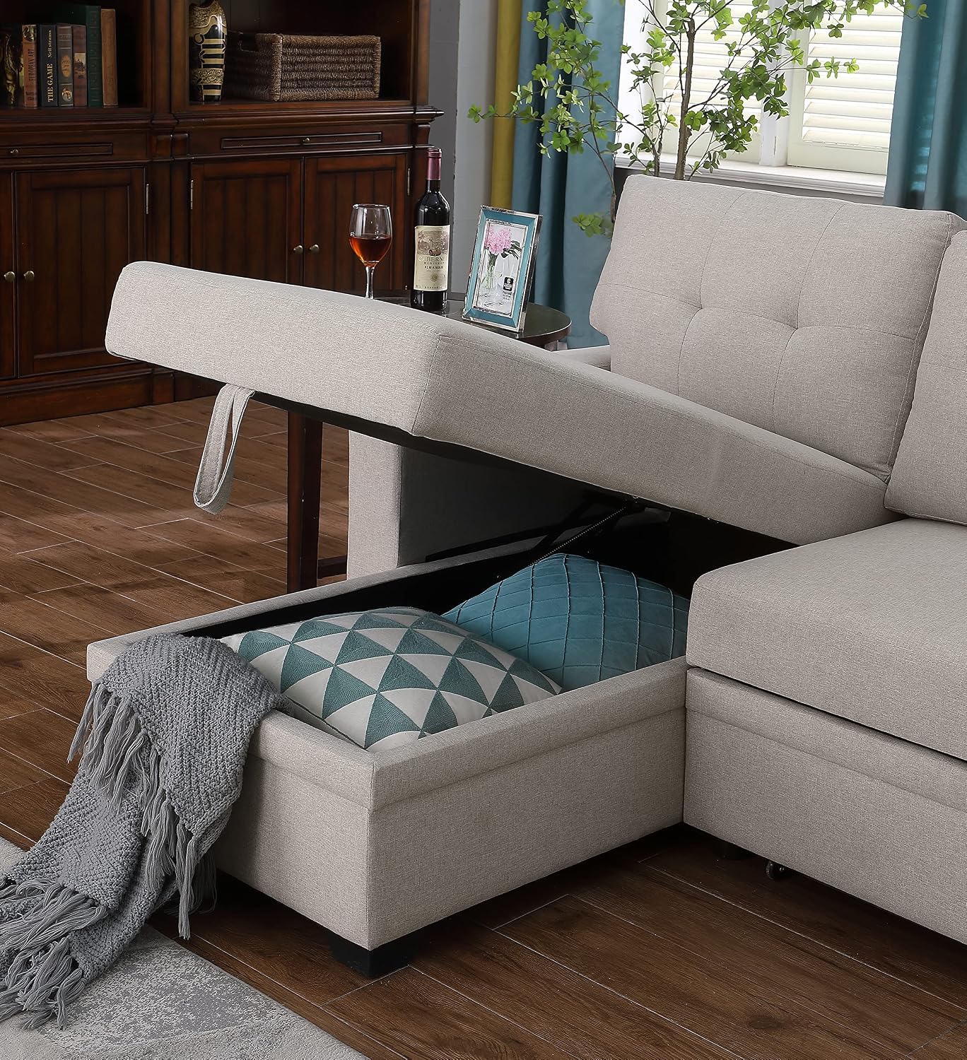 Favfurish 82' L-Shape Reversible Sleeper Sectional Sofa with Pull Out Bed and Storage Chaise,Linen Tufted Upholstery Corner Couch for Living Room, Apartment,Office,Home Furniture Sets,Beige
