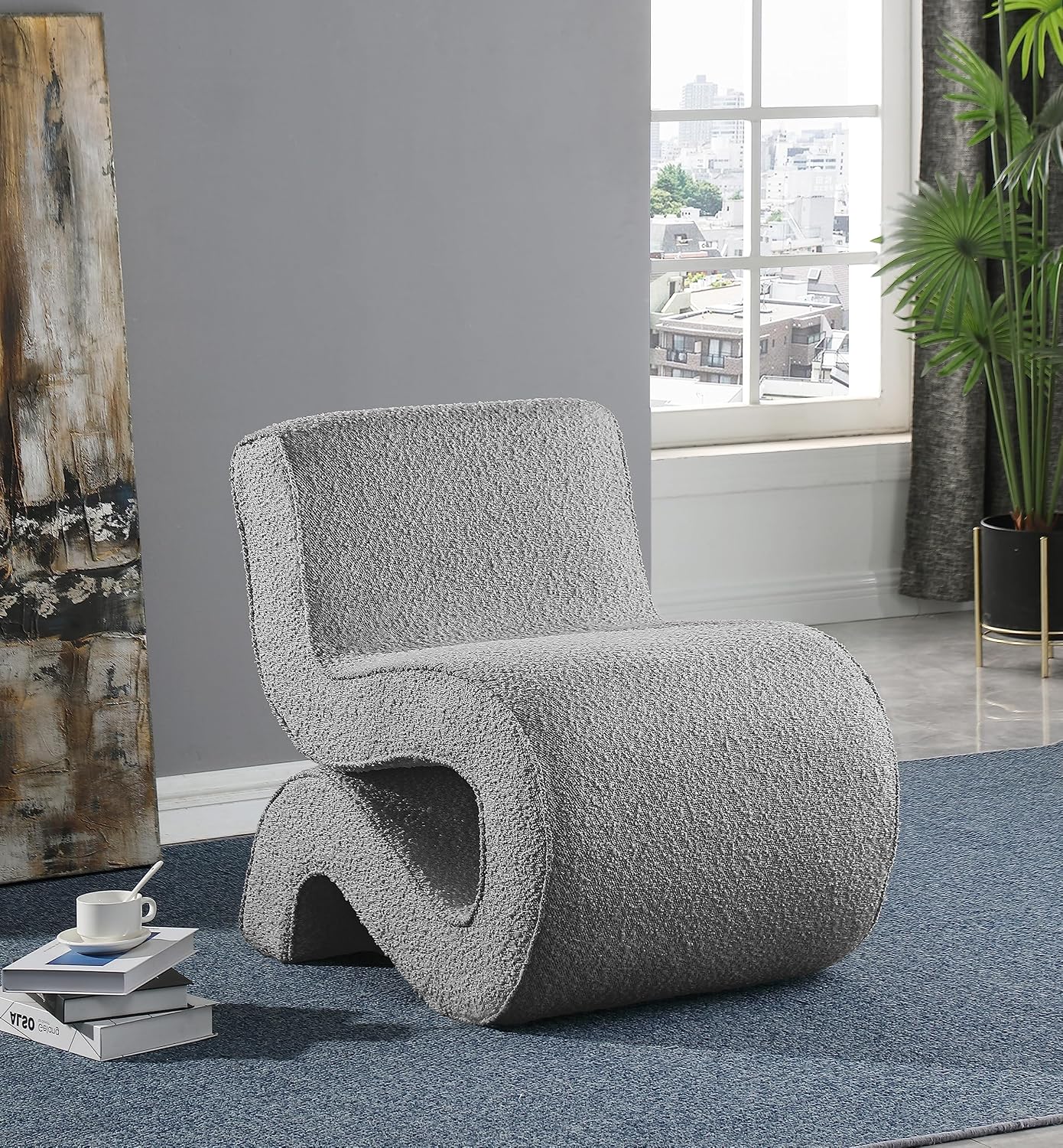 Meridian Furniture 599Grey Desiree Collection Modern | Contemporary Boucle Fabric Upholstered Accent Chair with Rich Grey Boucle Fabric, Curved Design, 22.5' W x 29' D x 28.5' H, Grey