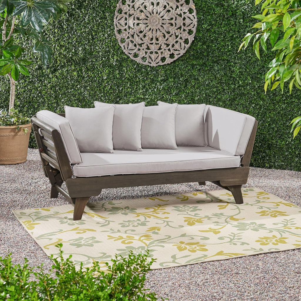 Christopher Knight Home Gary Patio Convertible Couch, Wooden Outdoor Daybed, 3-Seater Acacia Wood Patio Furniture Lounge Sofa for Backyard/Poolside/Garden, Back Pillow+Removable Cushion, Grey