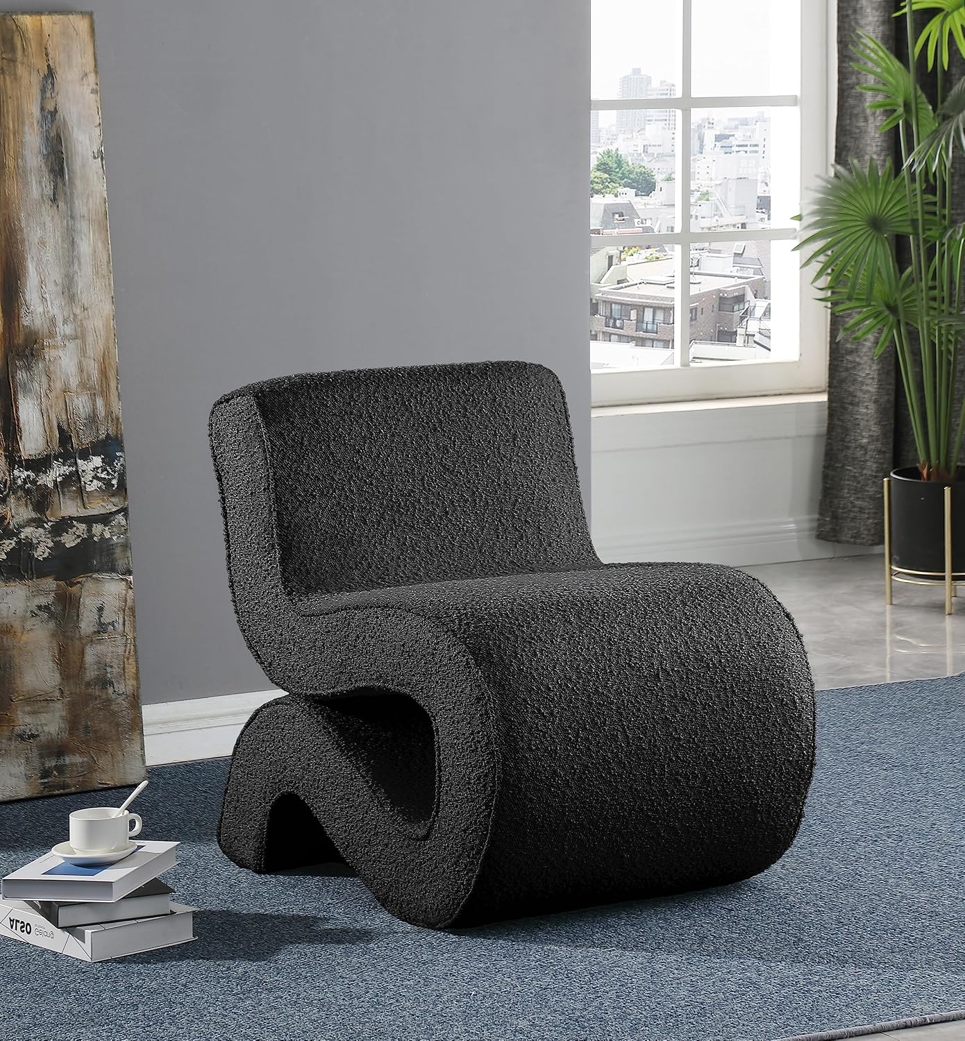 Meridian Furniture 599Black Desiree Collection Modern | Contemporary Boucle Fabric Upholstered Accent Chair with Rich Black Boucle Fabric, Curved Design, 22.5' W x 29' D x 28.5' H, Black