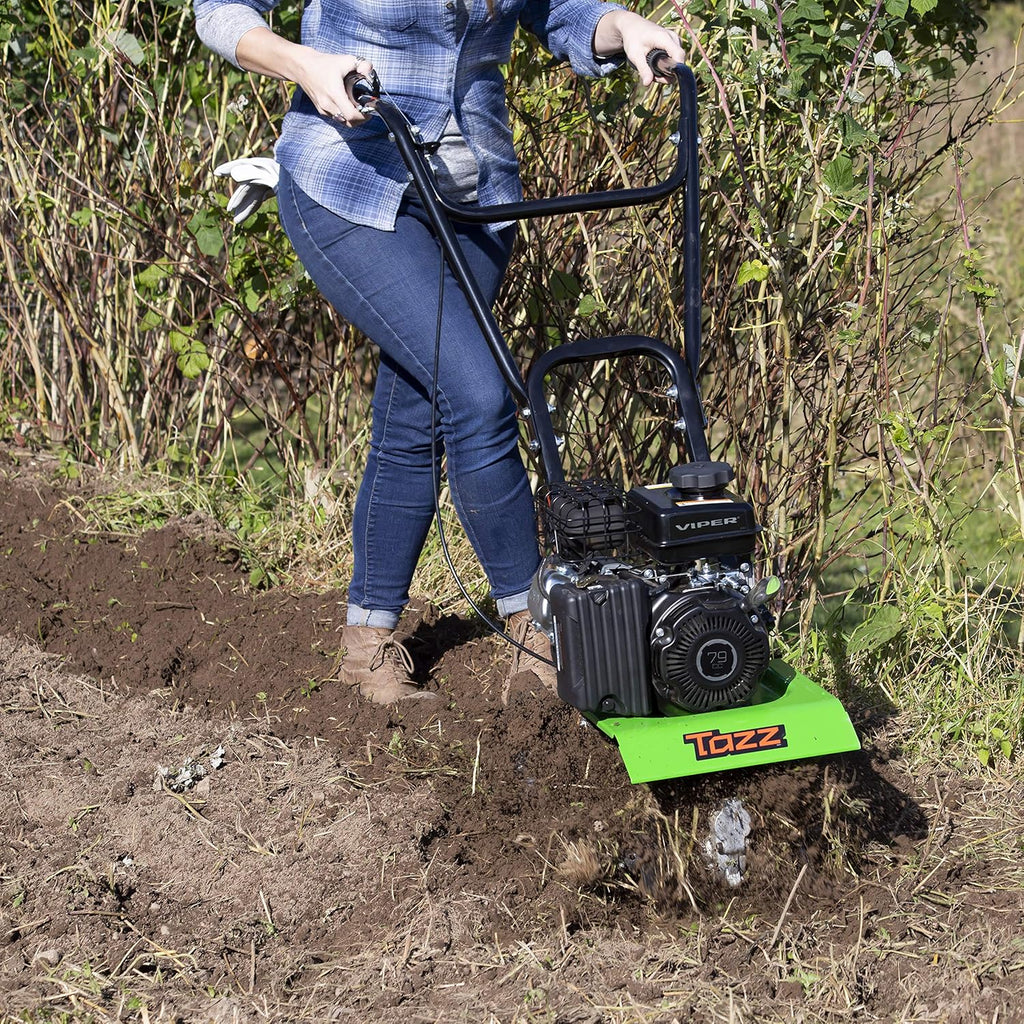 TAZZ 35310 2-in-1 Front Tine Tiller/Cultivator, 79cc 4-Cycle Viper Engine, Gear Drive Transmission, Forged Steel Tines,Green