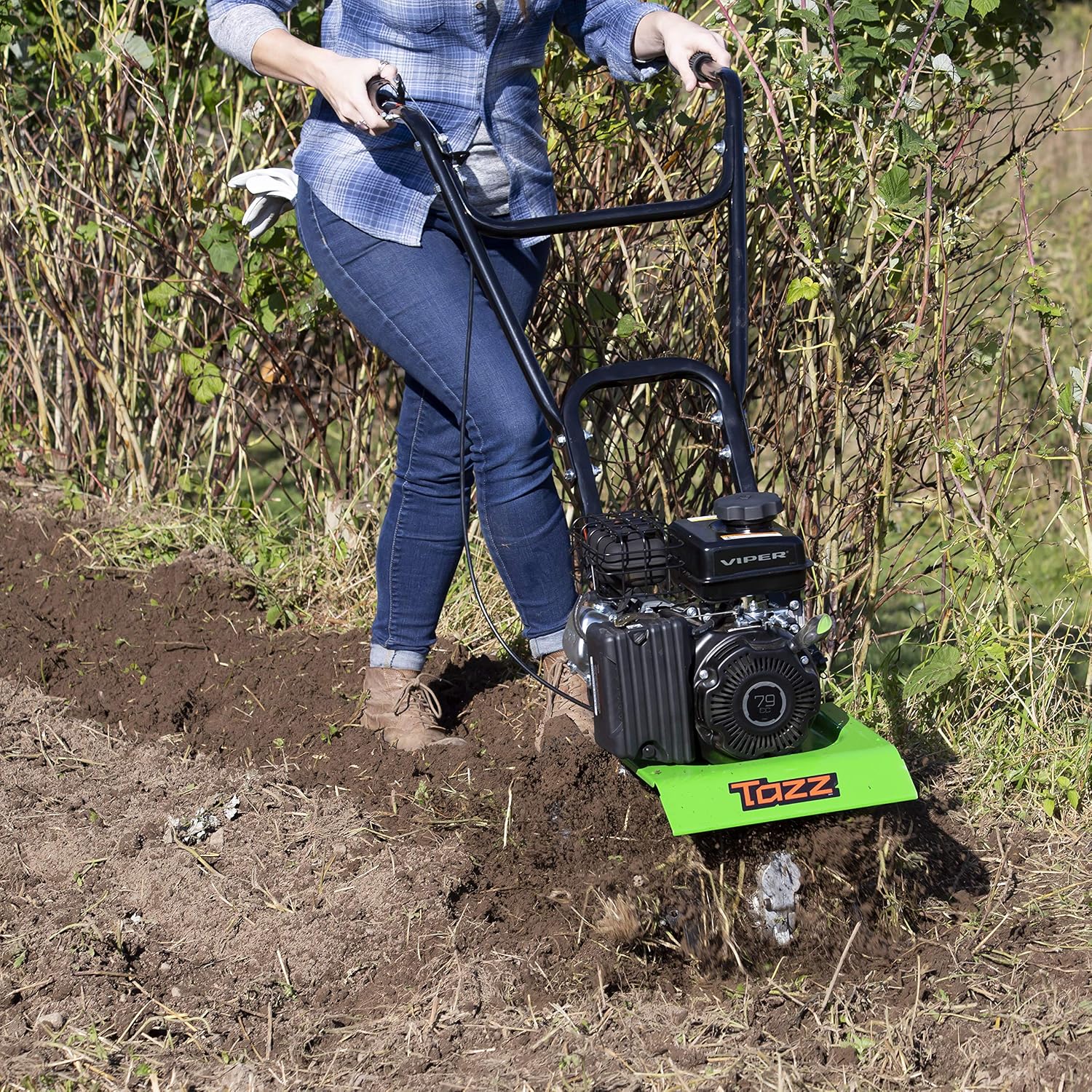 TAZZ 35310 2-in-1 Front Tine Tiller/Cultivator, 79cc 4-Cycle Viper Engine, Gear Drive Transmission, Forged Steel Tines,Green