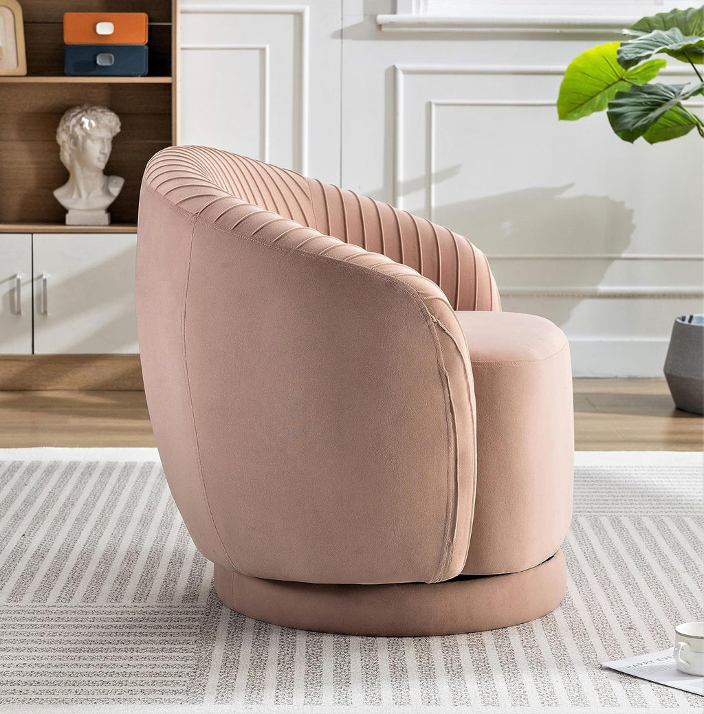 Container Furniture Direct Modern Barrel Swivel Chair with Plush Velvet Upholstery and Smooth 360° Rotation, Round Accent One-Seater Sofa for Living Room, Bedroom, and Office, Pink