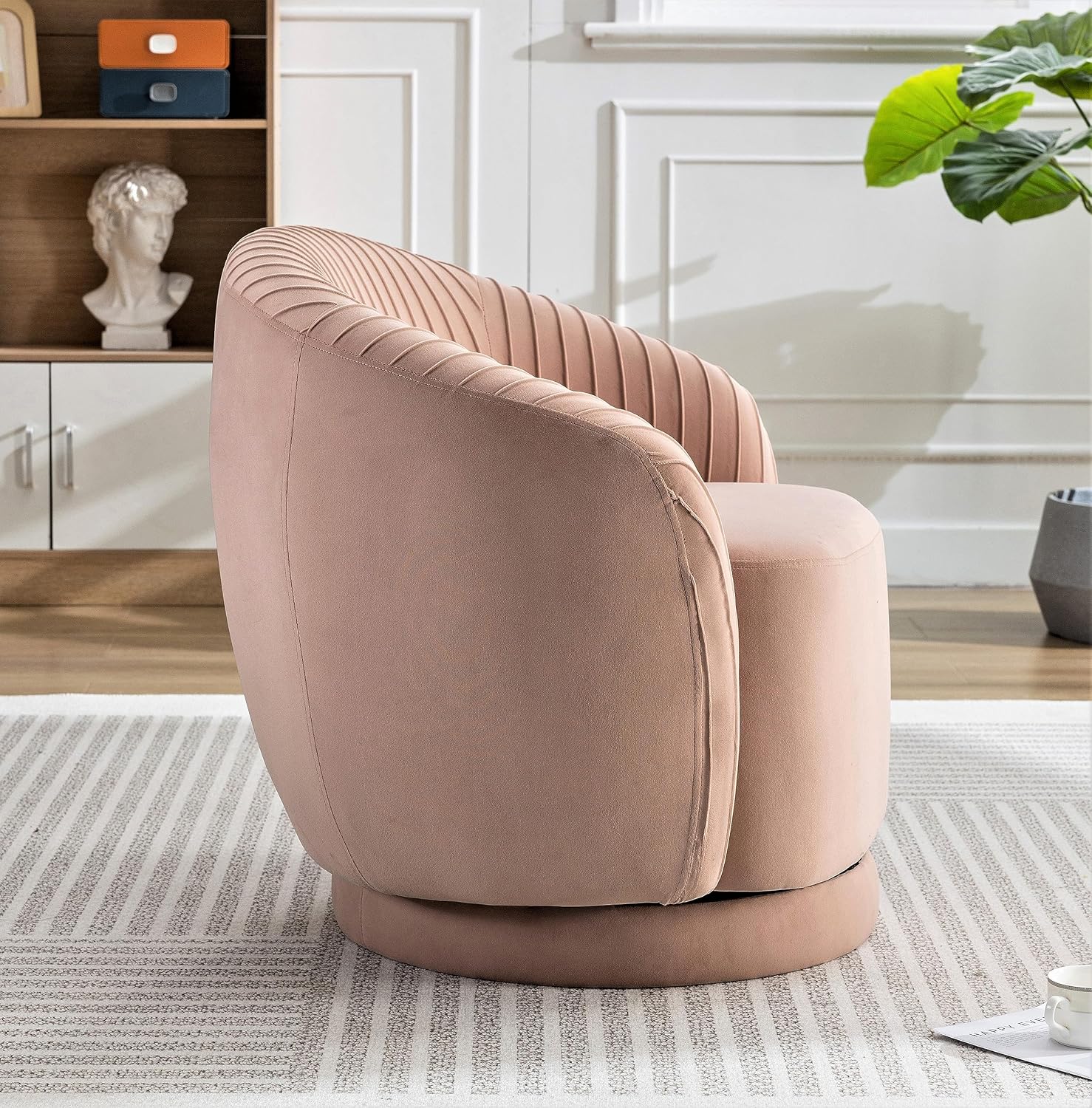 Container Furniture Direct Modern Barrel Swivel Chair with Plush Velvet Upholstery and Smooth 360° Rotation, Round Accent One-Seater Sofa for Living Room, Bedroom, and Office, Pink
