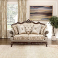 Lexicon Traditional Sofa Couch for Living Room, Rolled Arm Sofa with 4 Accent Pillows, Tufting, Queen Legs in Cherry Finish with Gold Tipping, Upholstered Living Room Furniture, 2 Seater Couch, Brown