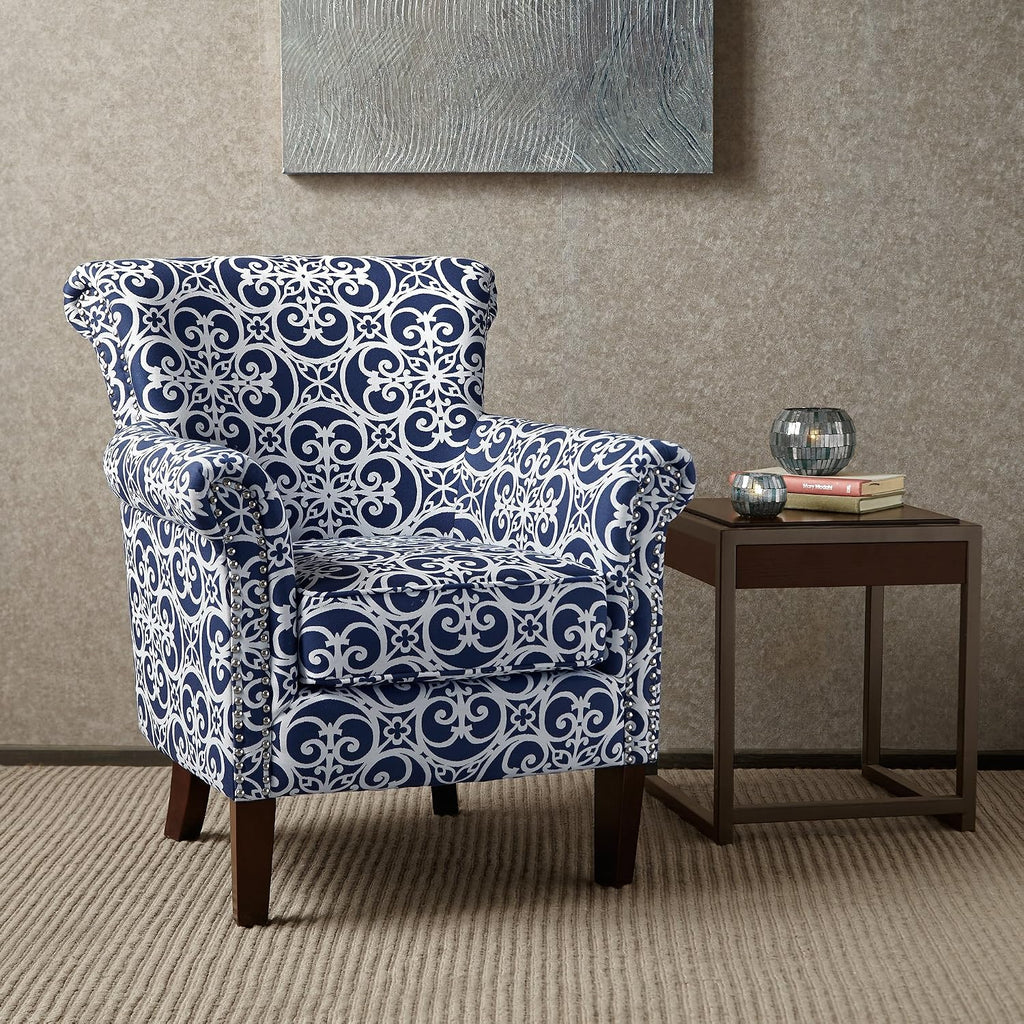 Madison Park Brooke Upholstered Accent Chair with Solid Wood Legs and Rolled Arms, Nailhead Trim, Tight Back, Fretwork Print, Chic Padded Cushion Seat Bedroom Lounge Comfy for Reading, 29.25' W, Navy