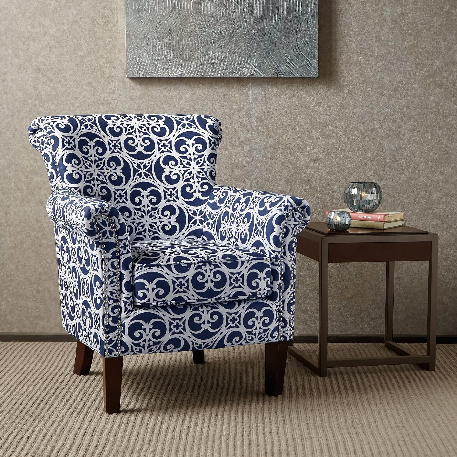 Madison Park Brooke Upholstered Accent Chair with Solid Wood Legs and Rolled Arms, Nailhead Trim, Tight Back, Fretwork Print, Chic Padded Cushion Seat Bedroom Lounge Comfy for Reading, 29.25' W, Navy