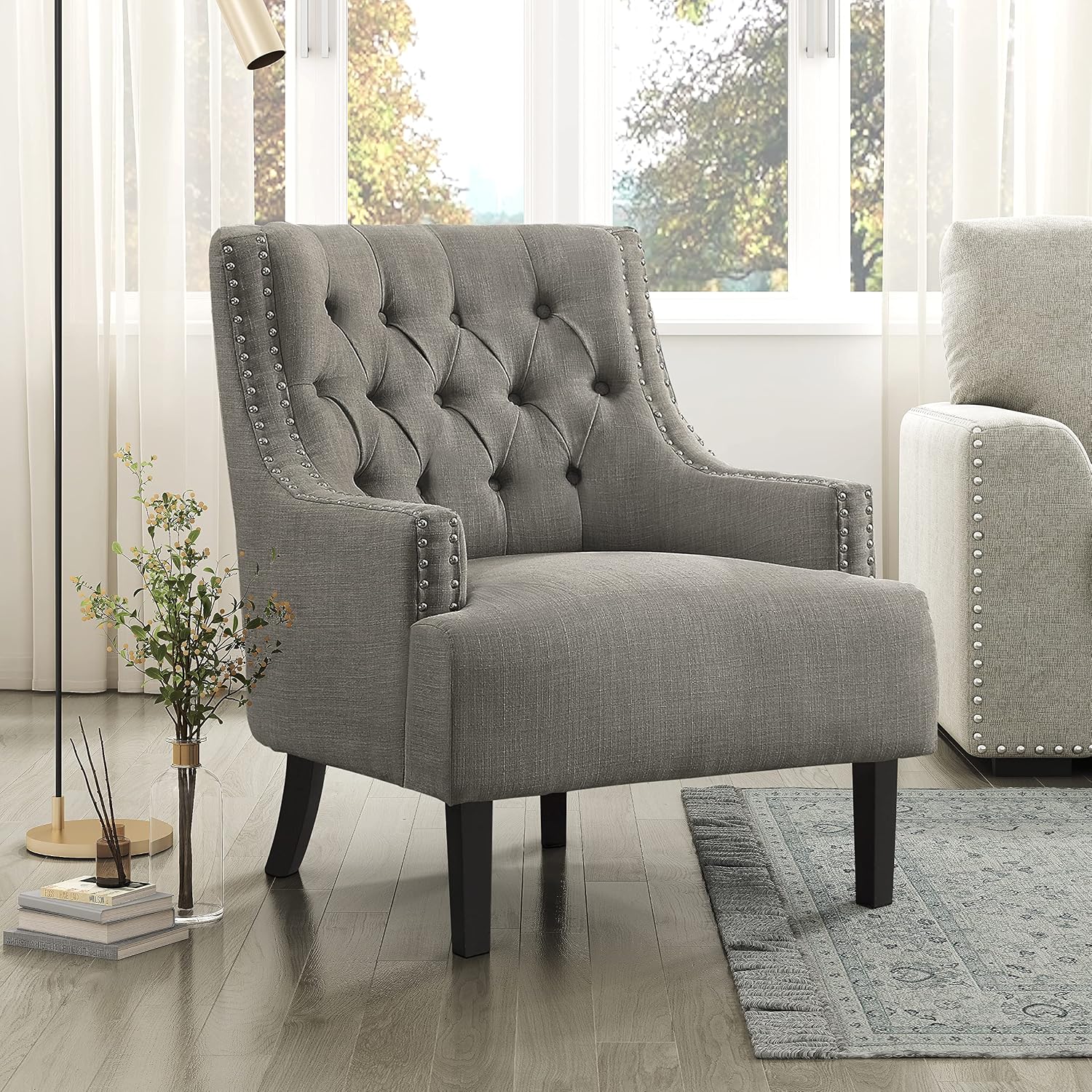 Lexicon Accent Chair Reading Chair Comfy Chair for Bedroom, Upholstered Armchair with Solid Wood Frame, Tufted Cushion Nail Head Trim, Single Sofa Chair for Living Room, Office, Tan Chenille