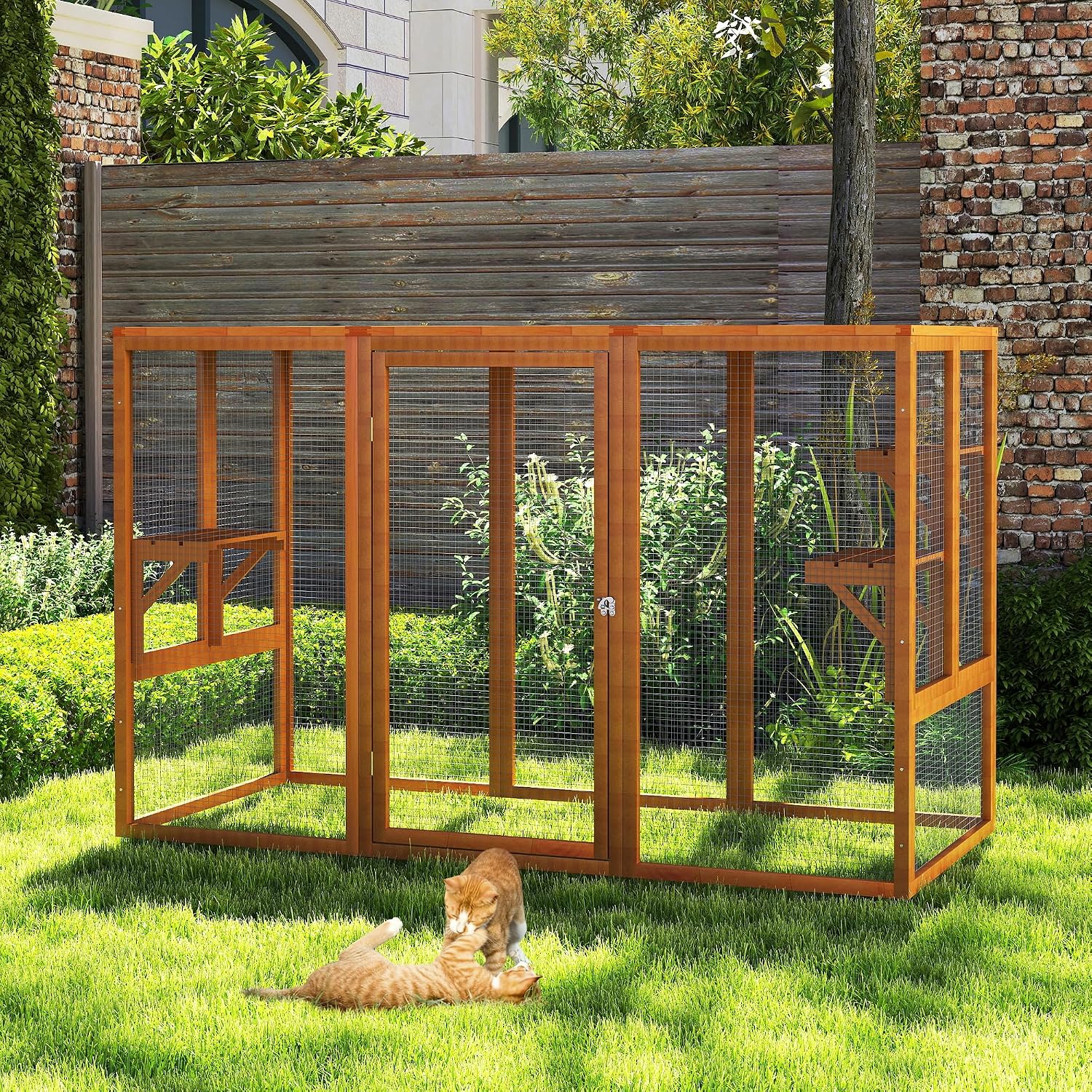 Catio Outdoor Cat Enclosure, 71' Large Weatherproof Catios with Cedar Wood Frame for cat Patio, Heavy Duty Outdoor Cat Condo & Cage, Indoor cattio for Cats (Orange-Red, Large)