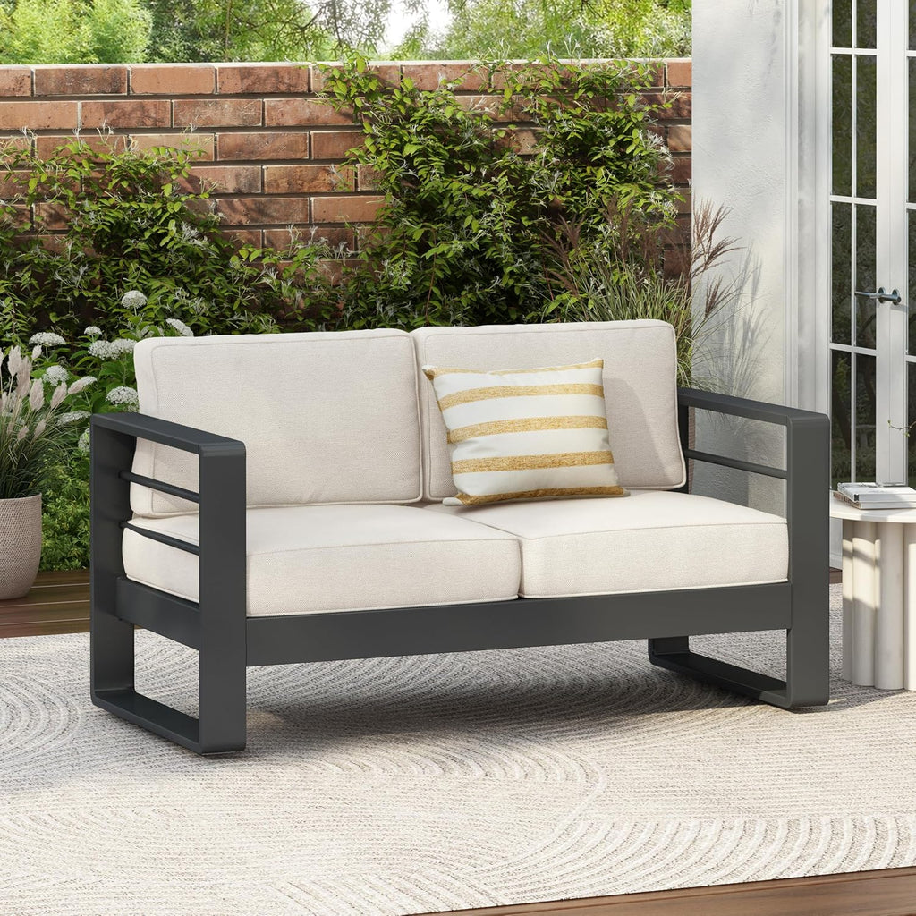 Christopher Knight Home Dessa Patio Loveseat, Aluminum Couch, 2 Seater Sofa, Stable Aluminum Frame Armchair, Spacious Seating, Outdoor Loveseat with Cushions for Backyard Garden Balcony, Black+Beige