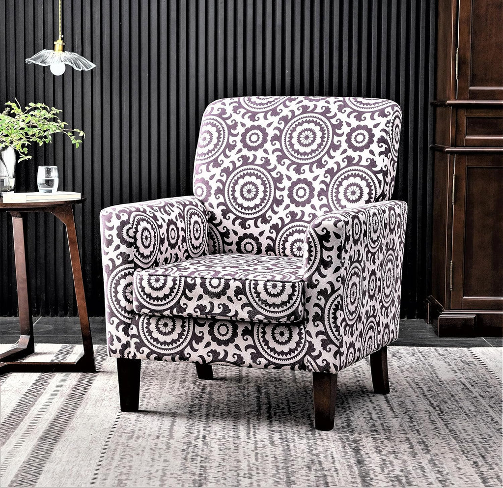 Container Furniture Direct Contemporary Accent Arm Chair with Birch Wood Frame and Velvet Upholstery, Armchair for Office and Living Room Decor, Removable Cushions, 02 Printed Fabric