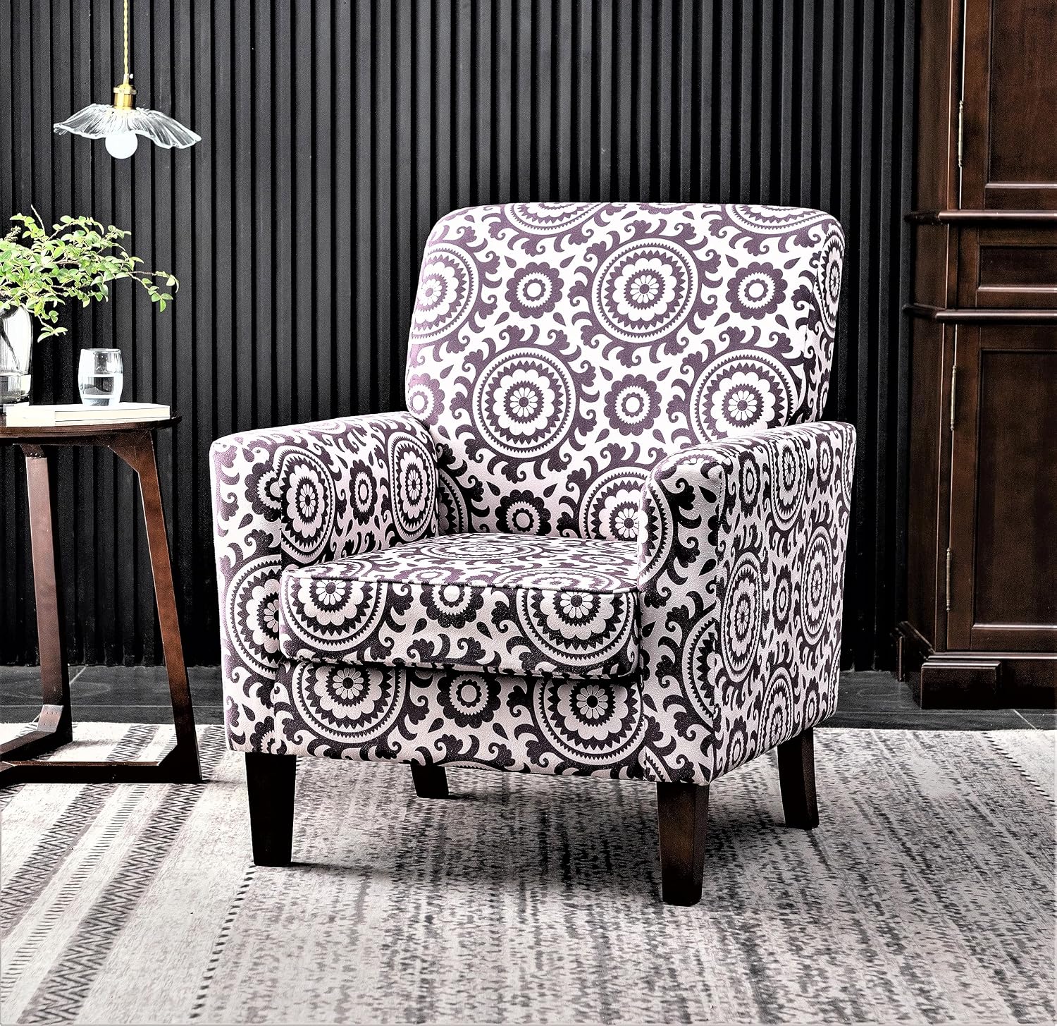 Container Furniture Direct Contemporary Accent Arm Chair with Birch Wood Frame and Velvet Upholstery, Armchair for Office and Living Room Decor, Removable Cushions, 02 Printed Fabric