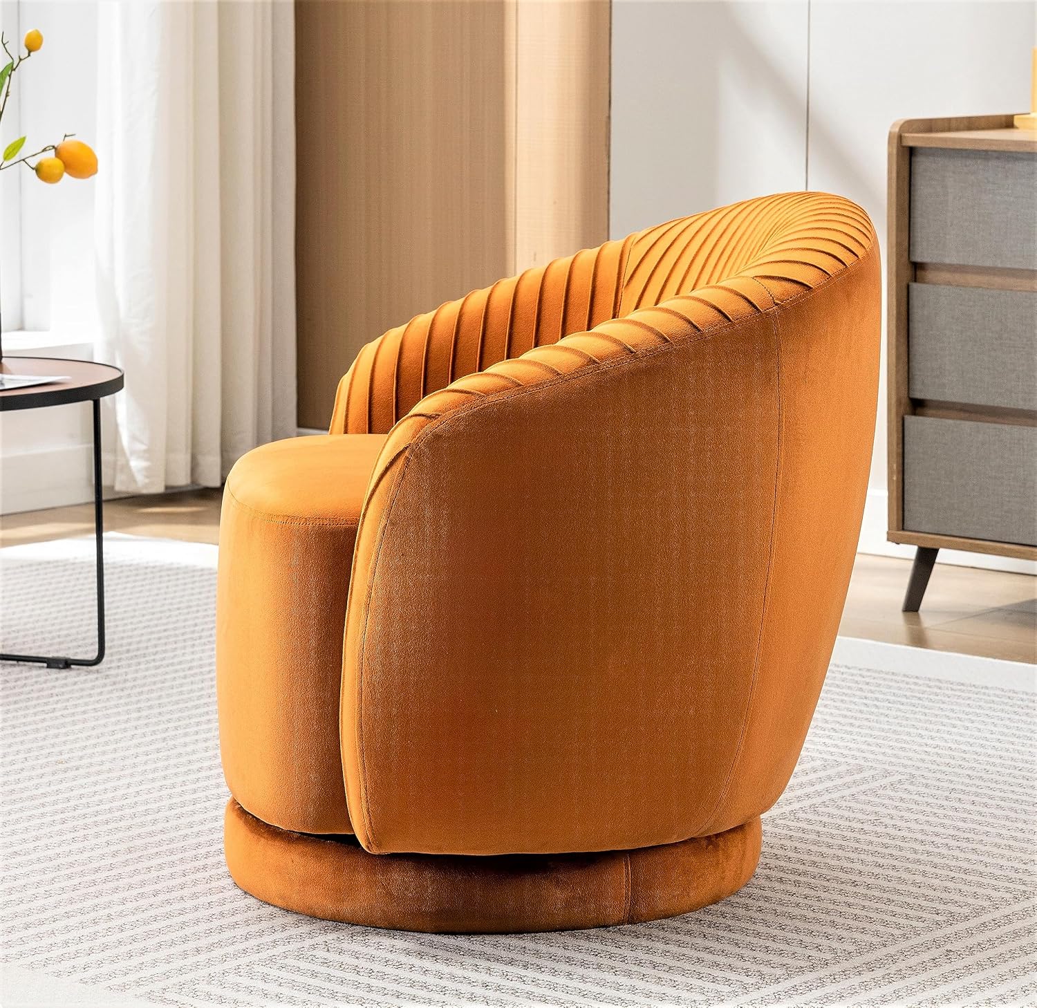 Container Furniture Direct Modern Barrel Swivel Chair with Plush Velvet Upholstery and Smooth 360° Rotation, Round Accent One-Seater Sofa for Living Room, Bedroom, and Office, Red Orange