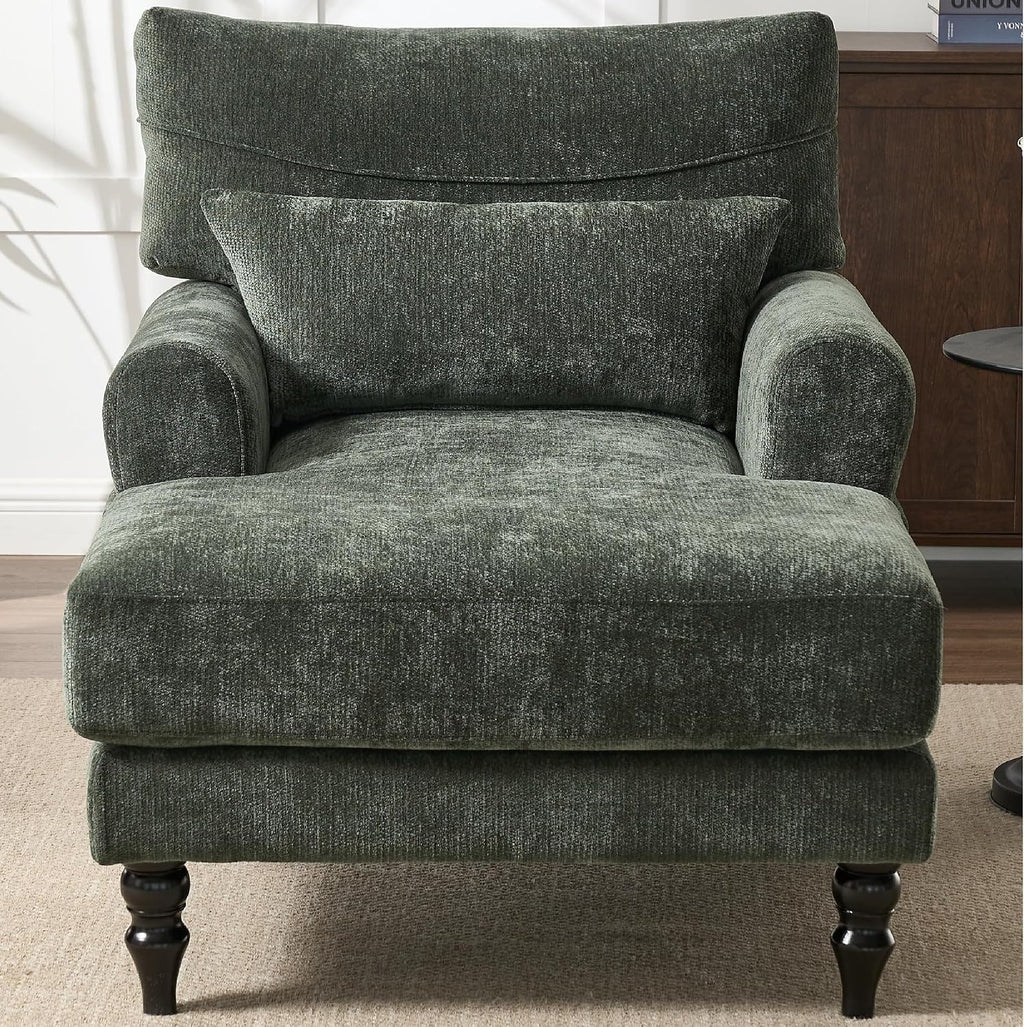 KEIKI Chaise Lounge Chair Indoor, Modern Leisure Sleeper Sofa Chair w/Double Deep Cushion, Accent Upholstered Reading Side Armchair, Recliner Arm Chairs for Living Room & Bedroom, Easy Assembly, Green